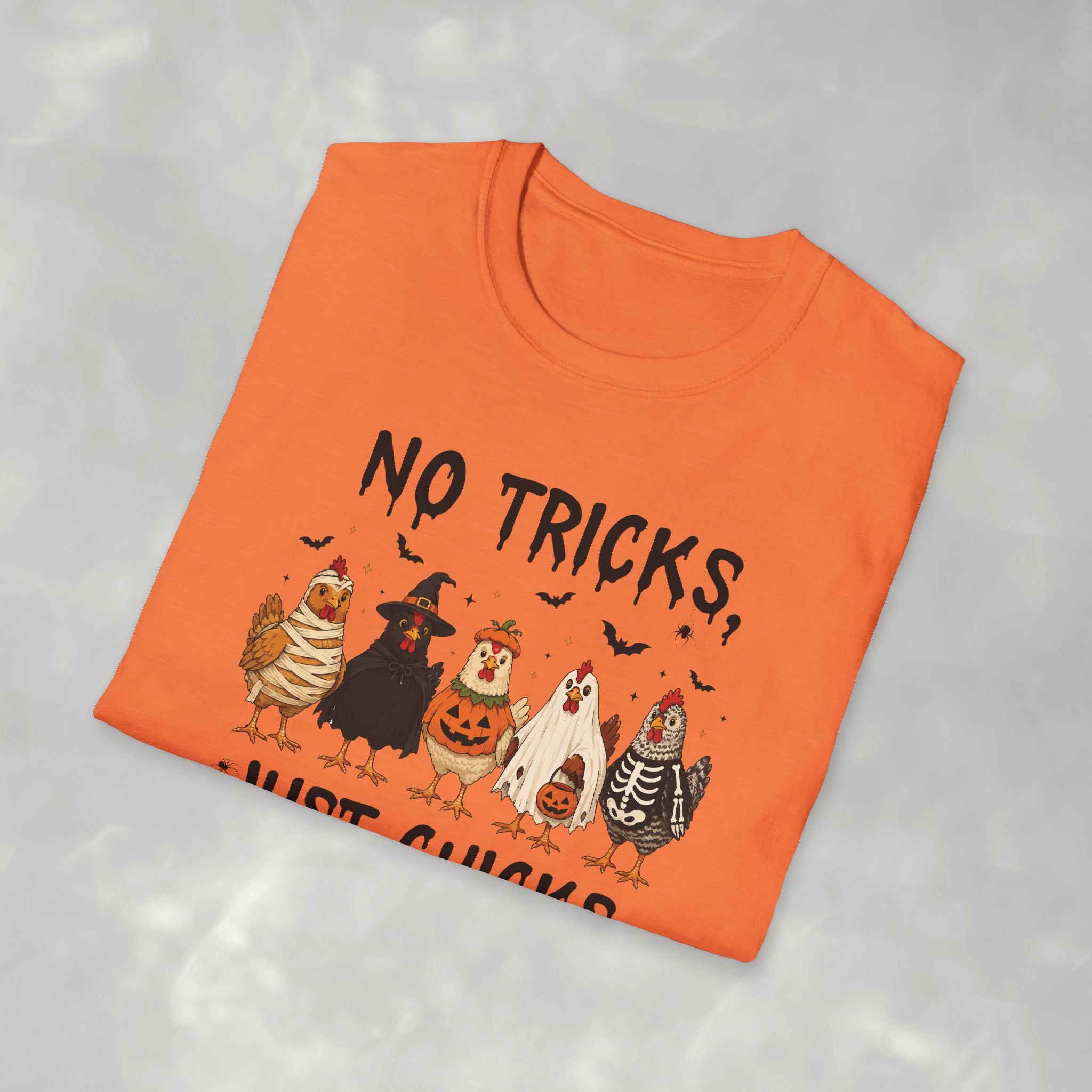 No Tricks Just Chicks, Funny Halloween Chickens in Costumes, Gildan Unisex Softstyle T-Shirt
