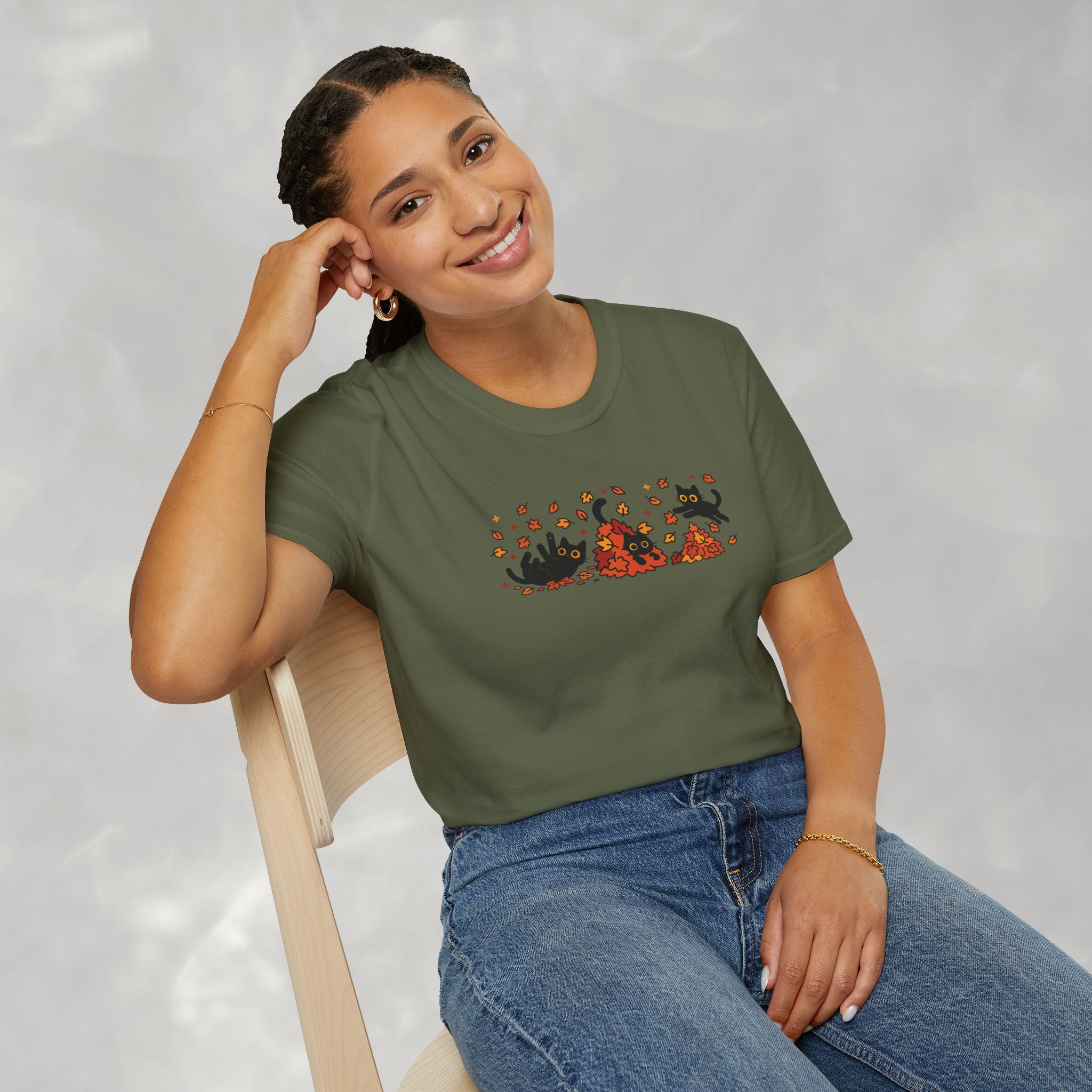 Black Cats Playing in Autum Leaves Gildan Unisex Softstyle T-Shirt