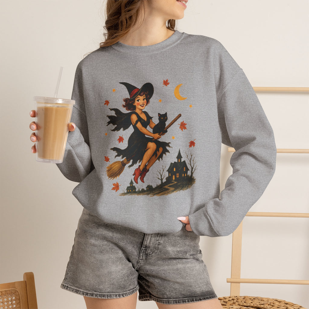 Vintage Witch Riding on Broomstick with Black Cat, Retro Halloween, Gildan Unisex Heavy Blend™ Crewneck Sweatshirt