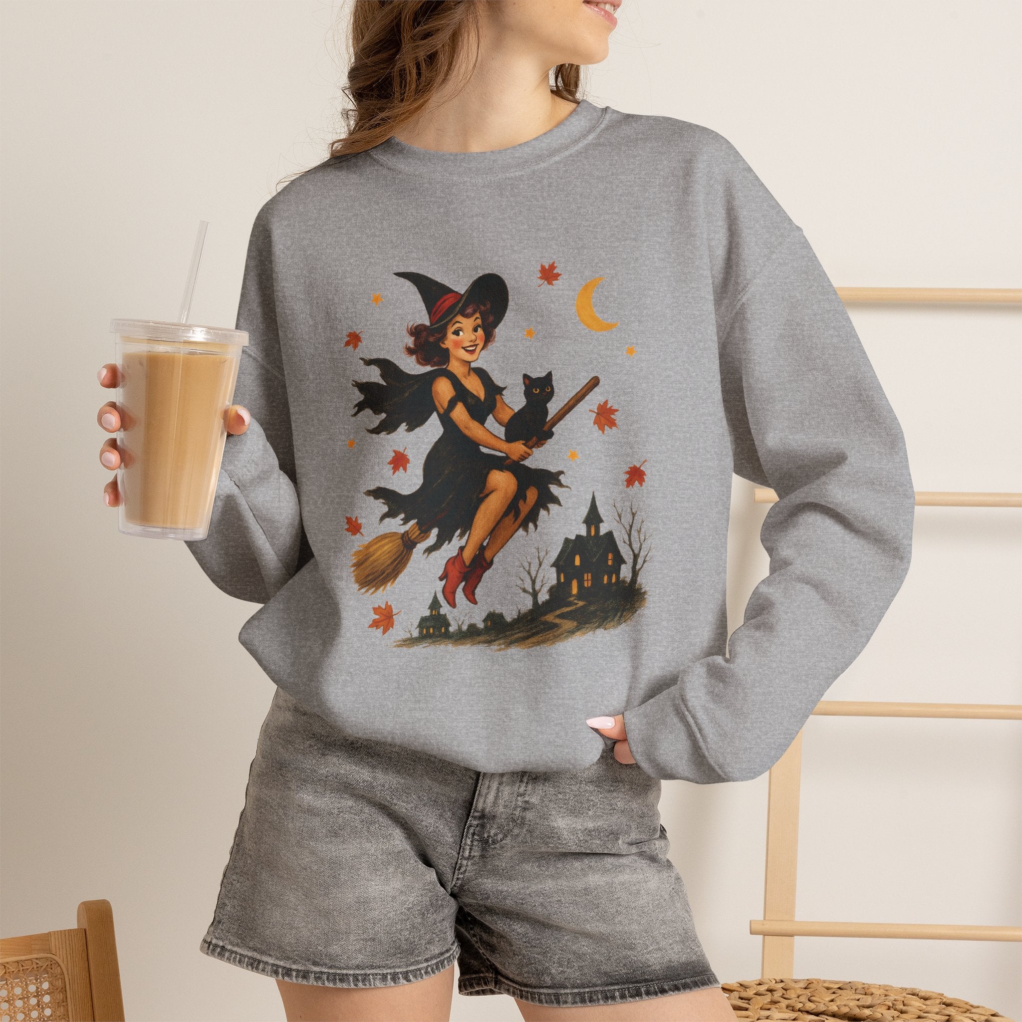 Vintage Witch Riding on Broomstick with Black Cat, Retro Halloween, Gildan Unisex Heavy Blend™ Crewneck Sweatshirt