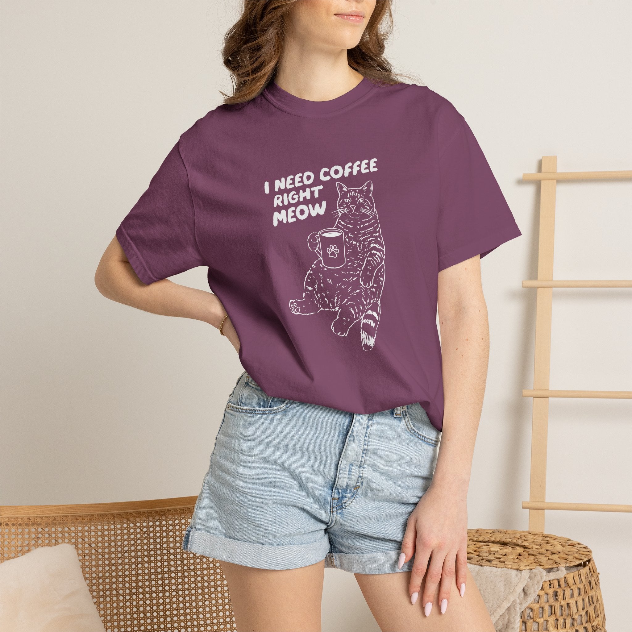 I Need Coffee Right Meow, Funny Cat, Coffee Lover Comfort Colors Tee