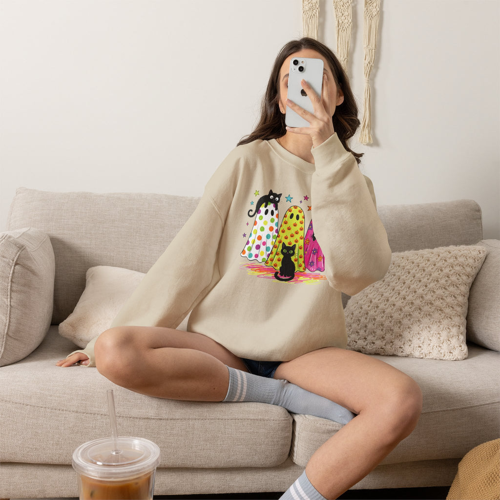 Preppy, Girly, Cute Halloween Ghosts with Cats, Gildan Unisex Heavy Blend™ Crewneck Sweatshirt