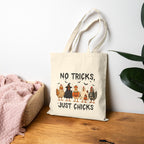 No Tricks Just Chicks, Funny Halloween Chickens in Costumes, Double-Sided Cotton Canvas Tote Bag