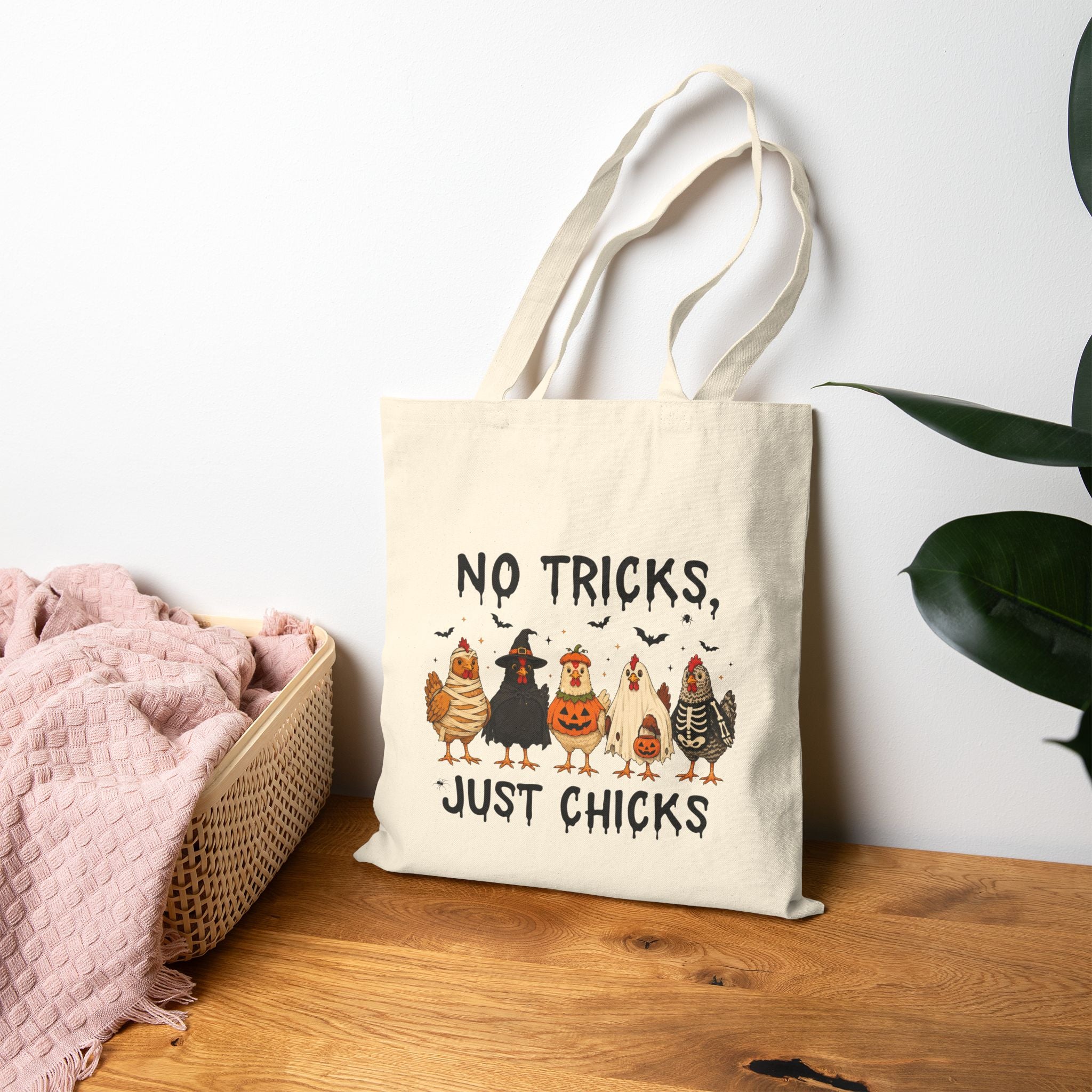 No Tricks Just Chicks, Funny Halloween Chickens in Costumes, Double-Sided Cotton Canvas Tote Bag