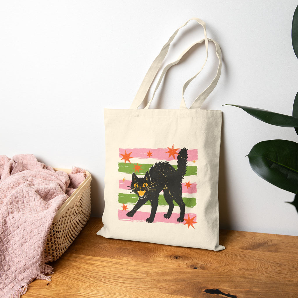 Spooky, Cute Black Cat, Halloween, Double-Sided Cotton Canvas Tote Bag