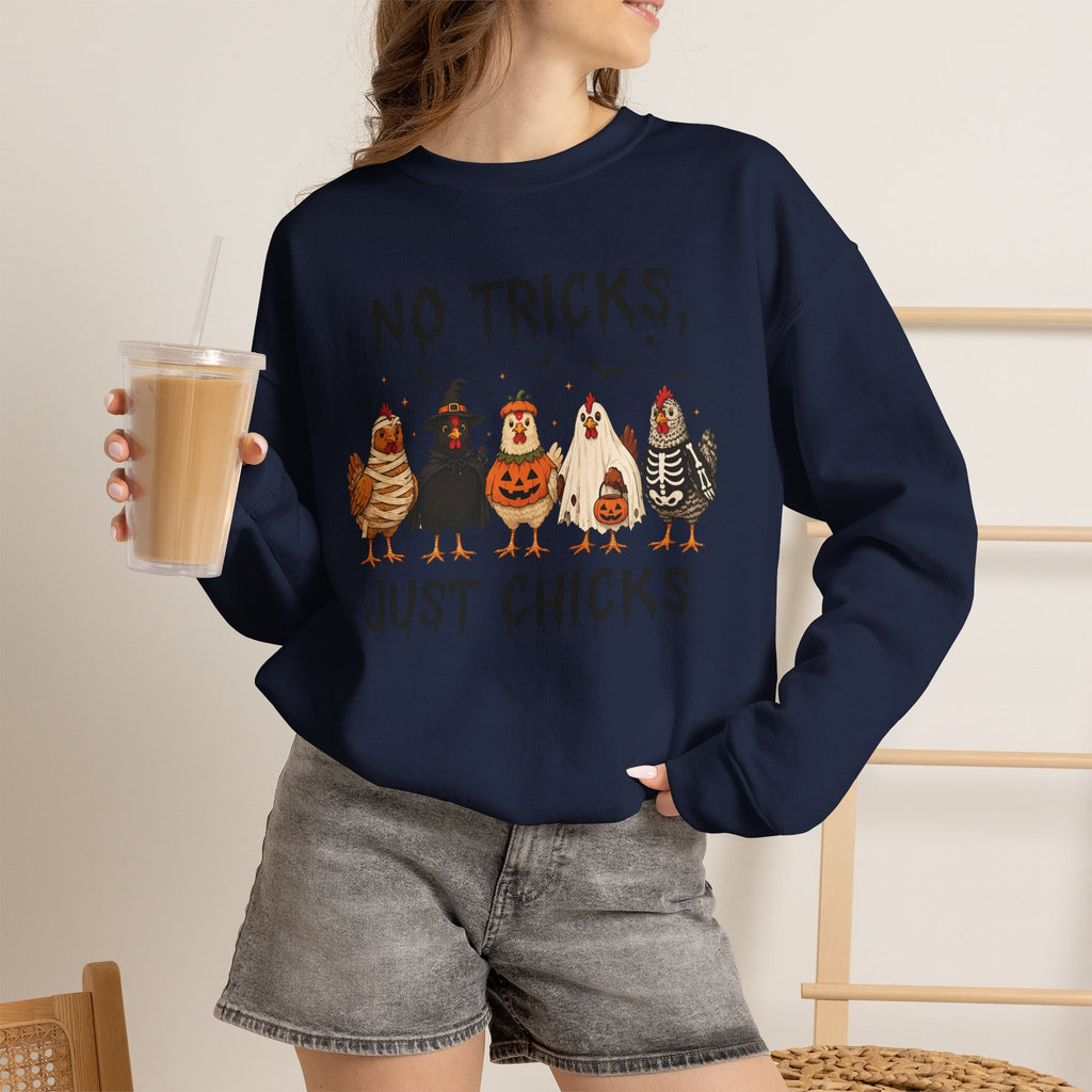 No Tricks Just Chicks, Funny Halloween Chickens in Costumes, Gildan Unisex Heavy Blend™ Crewneck Sweatshirt