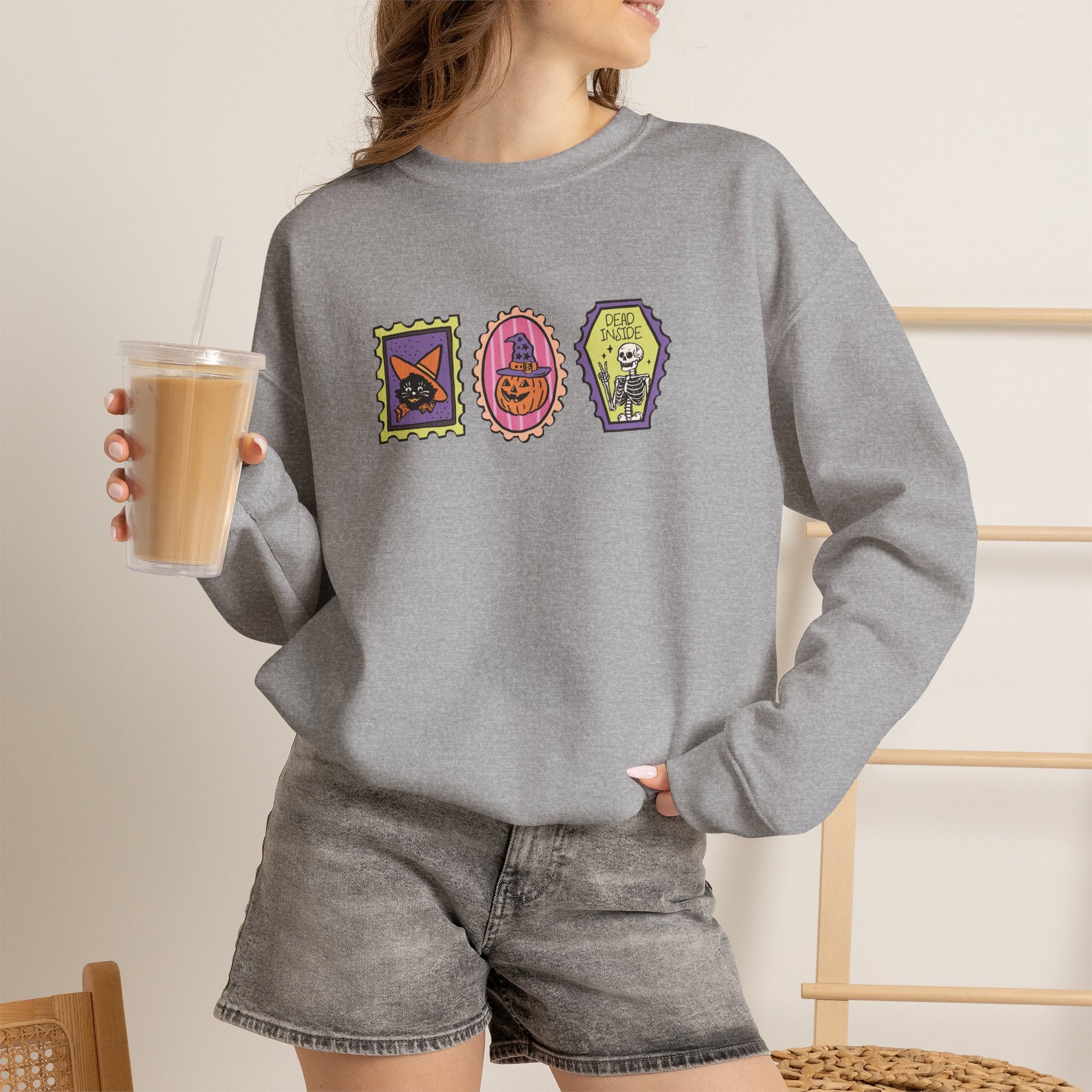 Cute Halloween Spooky Stamps with Cat, Jack-O-Lanter, Skeleton, Gildan Unisex Heavy Blend™ Crewneck Sweatshirt