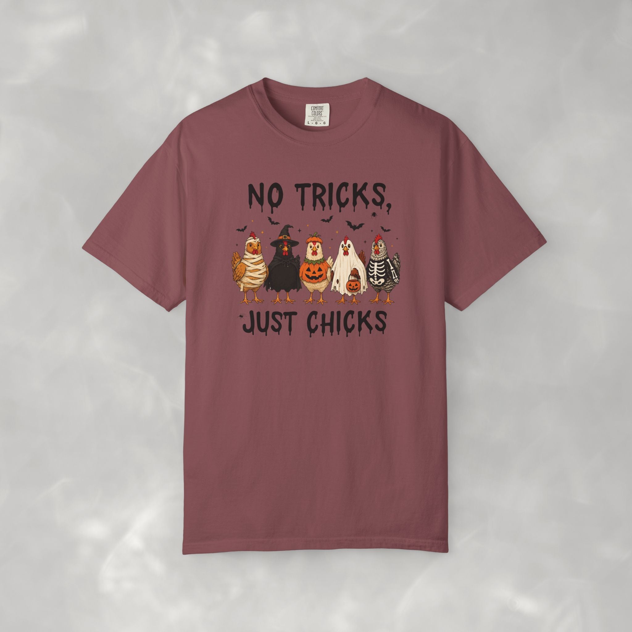 No Tricks Just Chicks, Funny Halloween Chickens in Costumes, Comfort Colors Tee