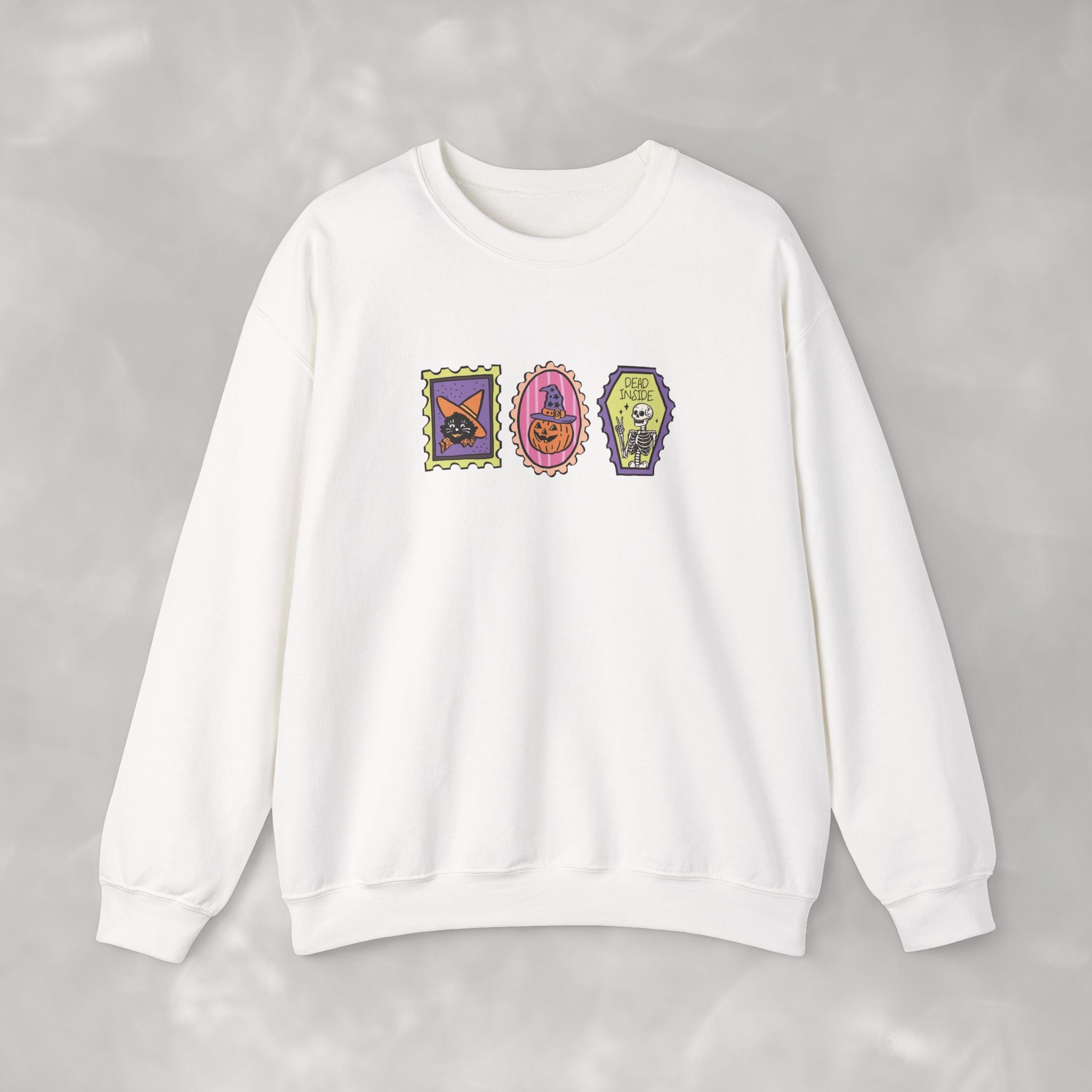 Cute Halloween Spooky Stamps with Cat, Jack-O-Lanter, Skeleton, Gildan Unisex Heavy Blend™ Crewneck Sweatshirt