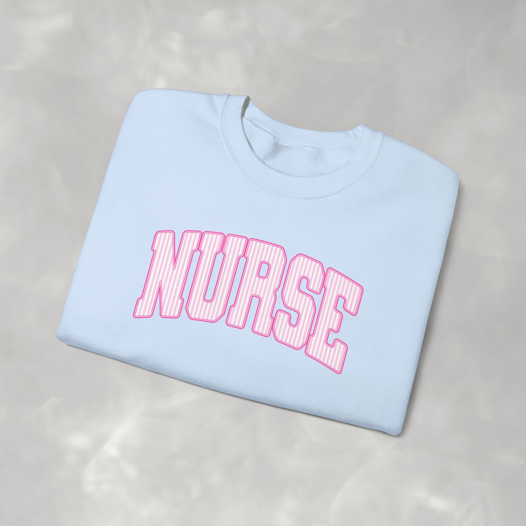 Pink Striped Varsity Nurse Gildan Unisex Heavy Blend™ Crewneck Sweatshirt for RN, LPN, GN, Student Nurse