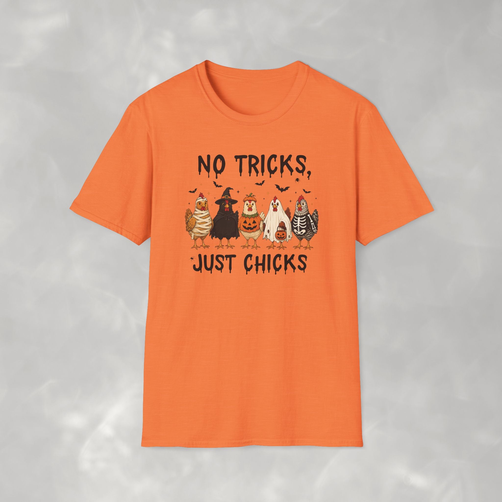 No Tricks Just Chicks, Funny Halloween Chickens in Costumes, Gildan Unisex Softstyle T-Shirt