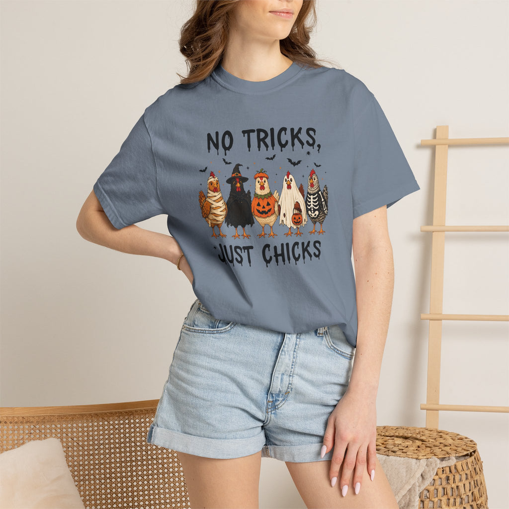 No Tricks Just Chicks, Funny Halloween Chickens in Costumes, Comfort Colors Tee