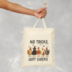 No Tricks Just Chicks, Funny Halloween Chickens in Costumes, Double-Sided Cotton Canvas Tote Bag