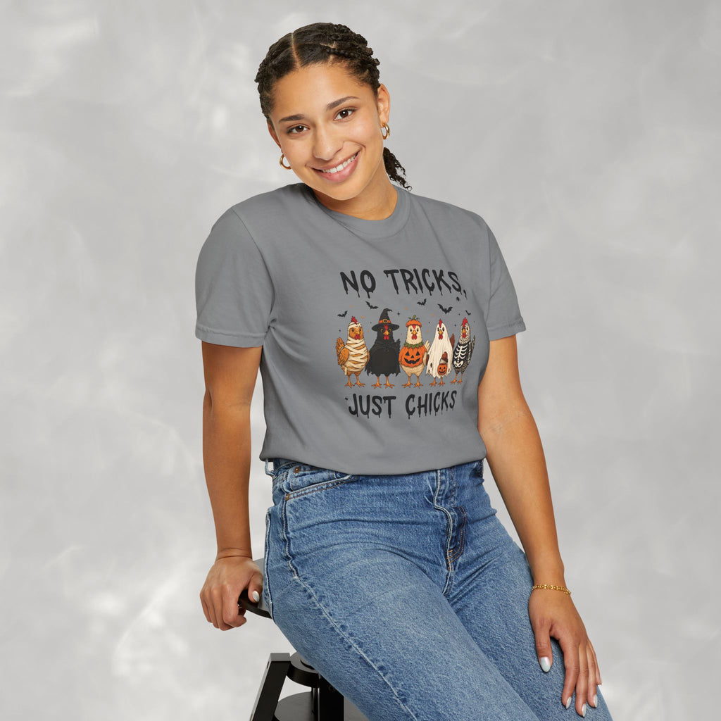 No Tricks Just Chicks, Funny Halloween Chickens in Costumes, Comfort Colors Tee