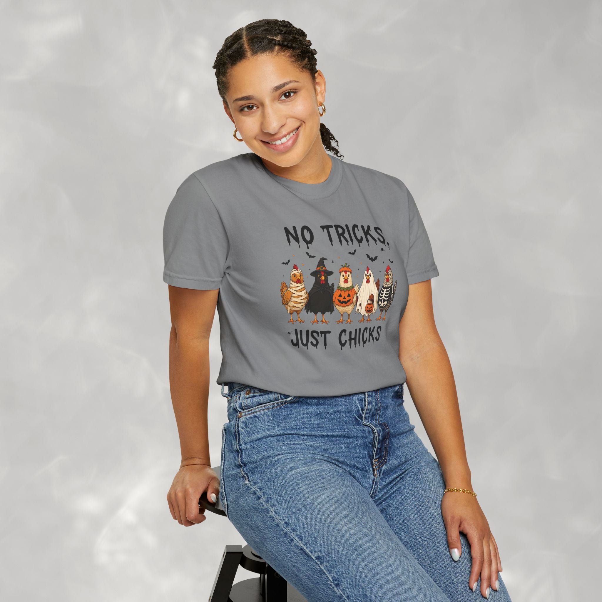 No Tricks Just Chicks, Funny Halloween Chickens in Costumes, Comfort Colors Tee