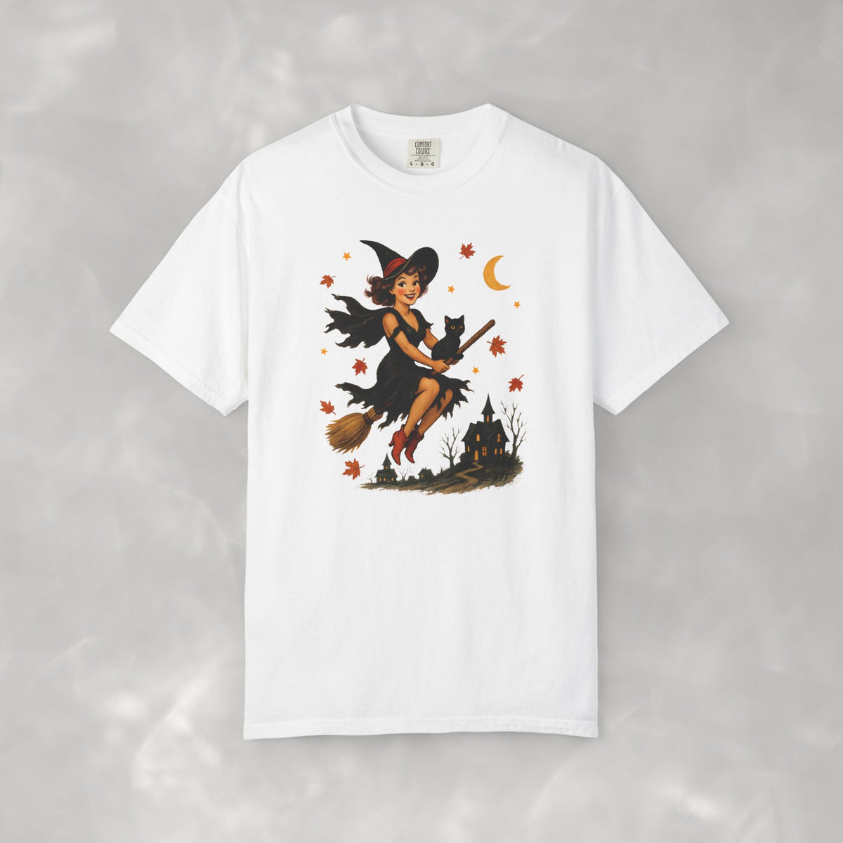 Vintage Witch Riding on Broomstick with Black Cat, Retro Halloween Comfort Colors Tee