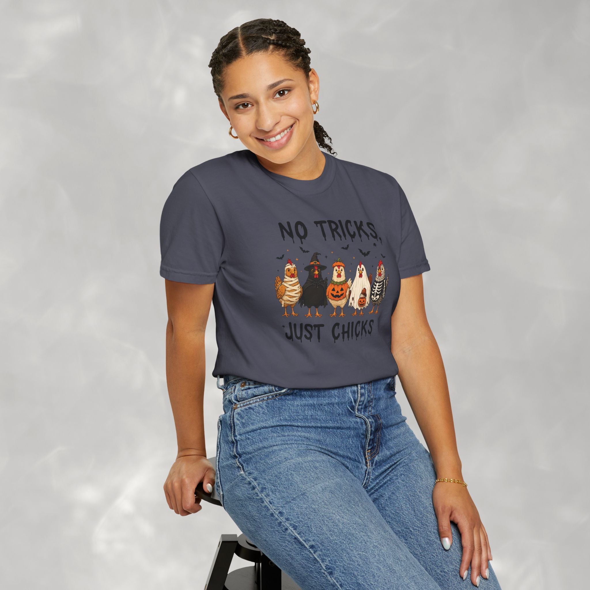 No Tricks Just Chicks, Funny Halloween Chickens in Costumes, Comfort Colors Tee