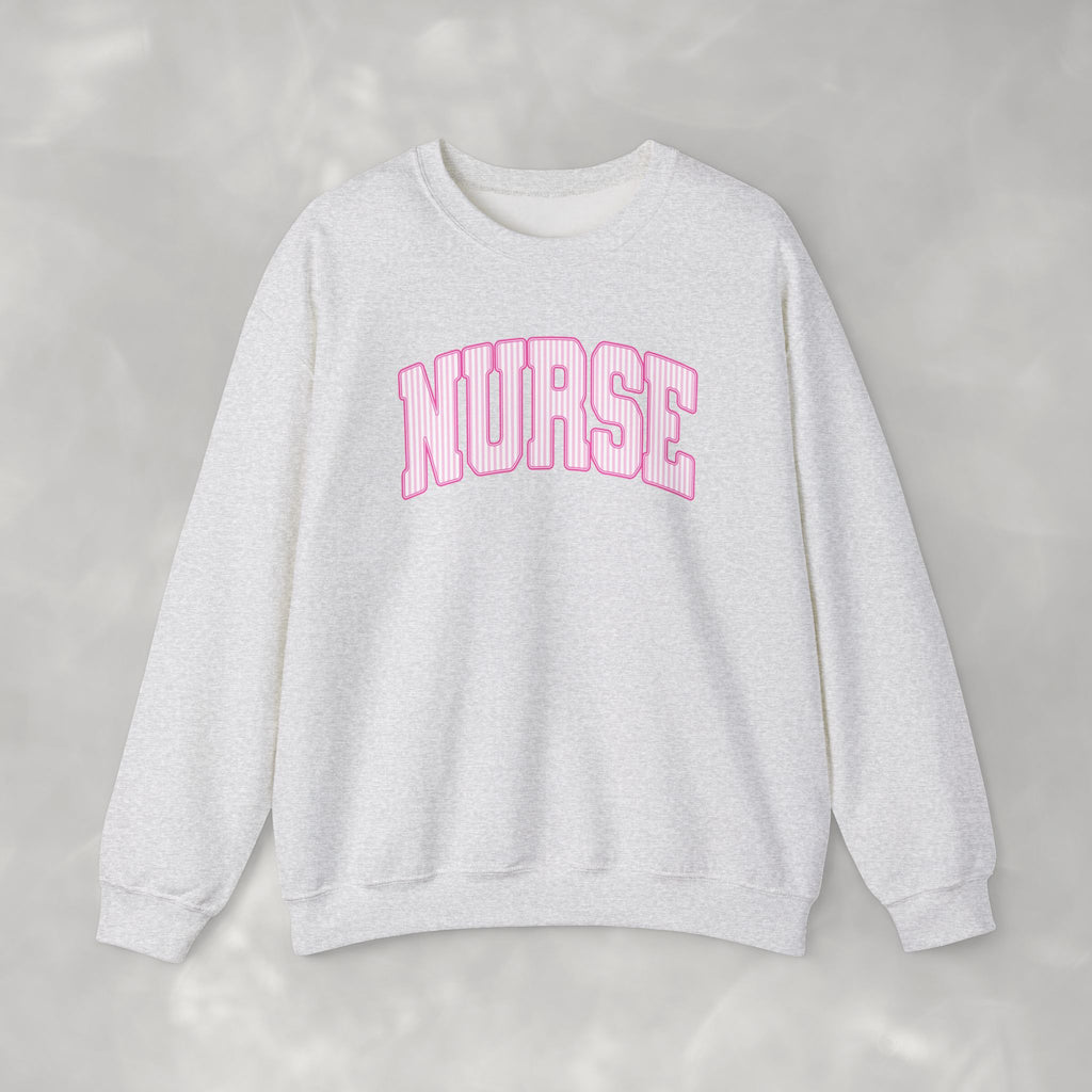 Pink Striped Varsity Nurse Gildan Unisex Heavy Blend™ Crewneck Sweatshirt for RN, LPN, GN, Student Nurse