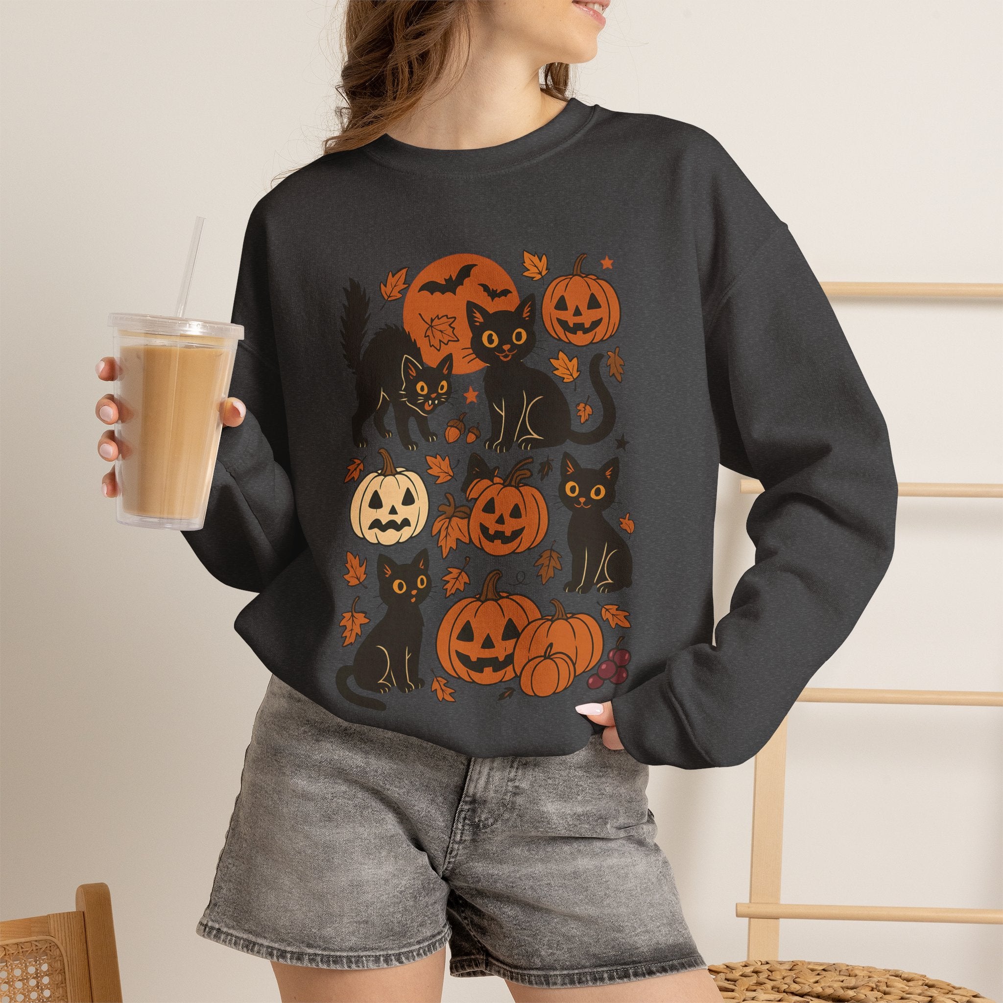 Spooky Black Cats and Jack-O-Lanterns, Gildan Unisex Heavy Blend™ Crewneck Sweatshirt