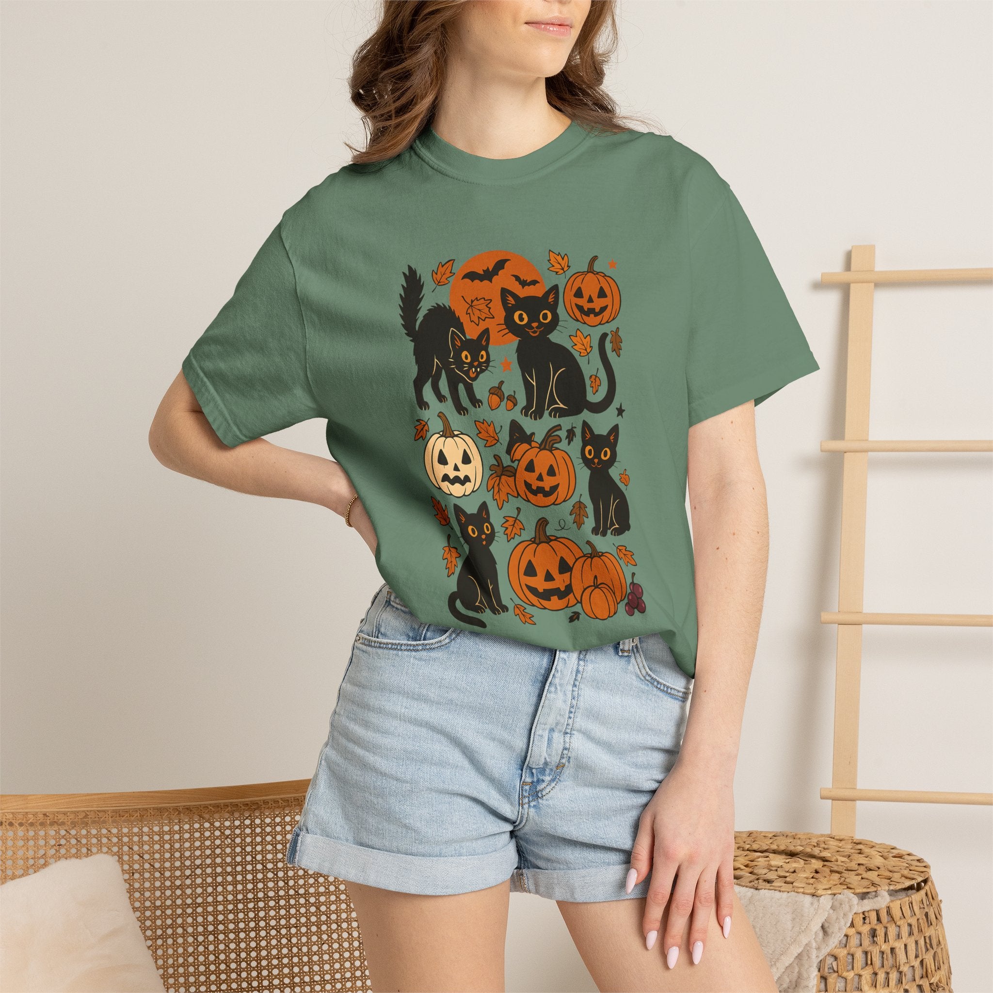 Spooky Black Cats and Jack-O-Lanterns, Unisex Comfort Colors Tee