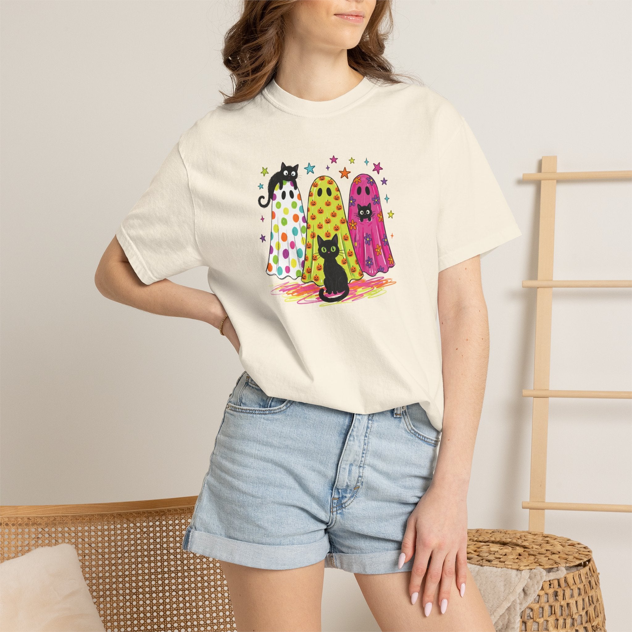 Preppy, Girly, Cute Halloween Ghosts with Cats, Comfort Colors Tee