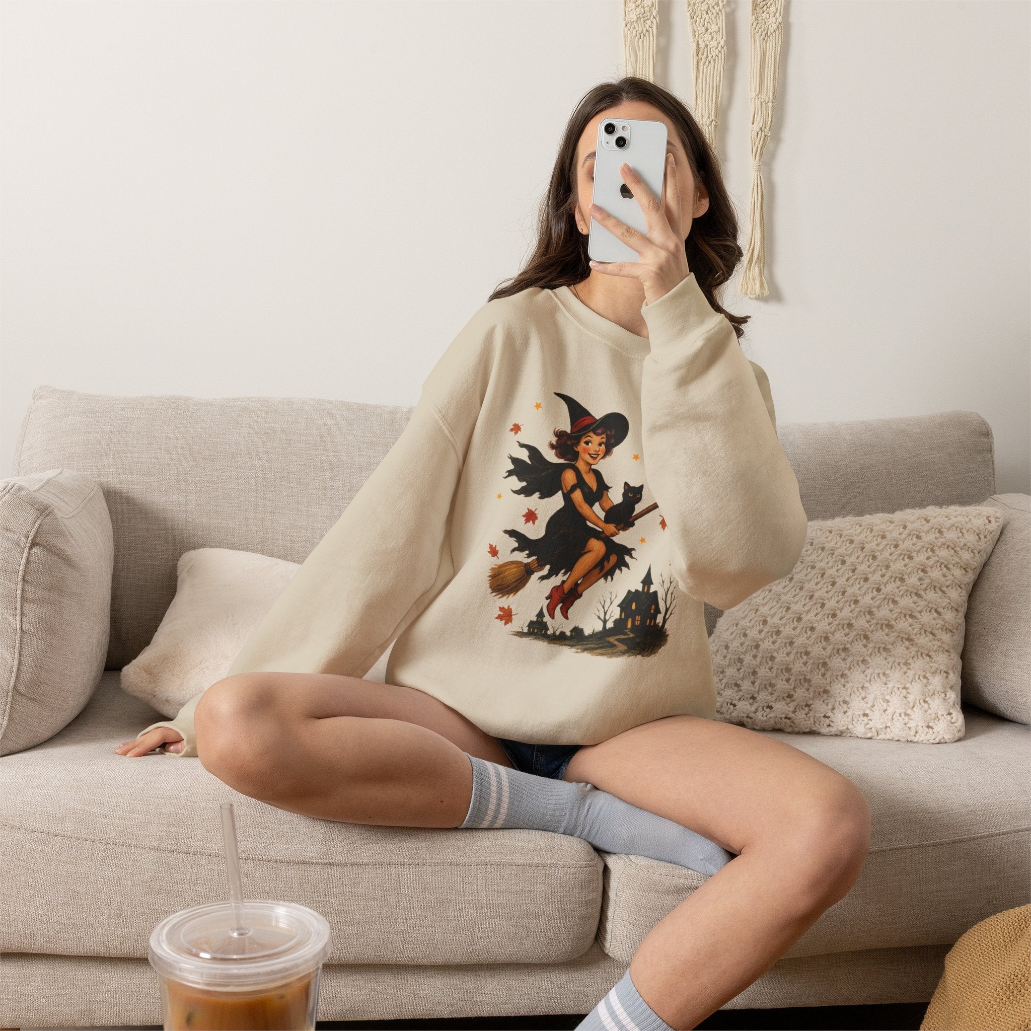 Vintage Witch Riding on Broomstick with Black Cat, Retro Halloween, Gildan Unisex Heavy Blend™ Crewneck Sweatshirt