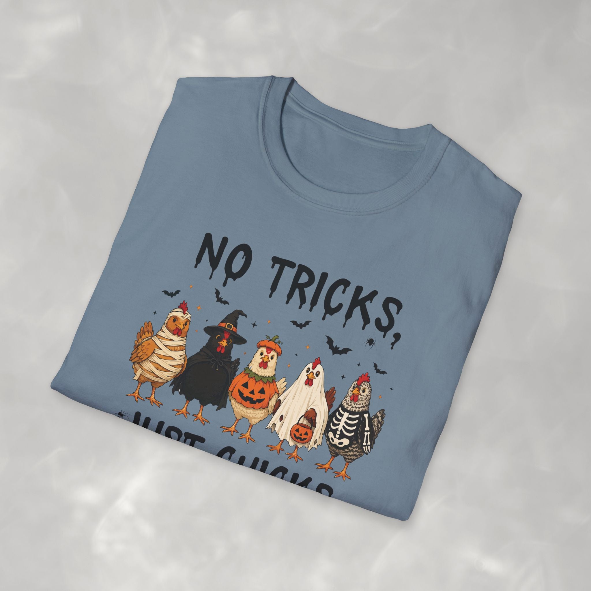 No Tricks Just Chicks, Funny Halloween Chickens in Costumes, Gildan Unisex Softstyle T-Shirt
