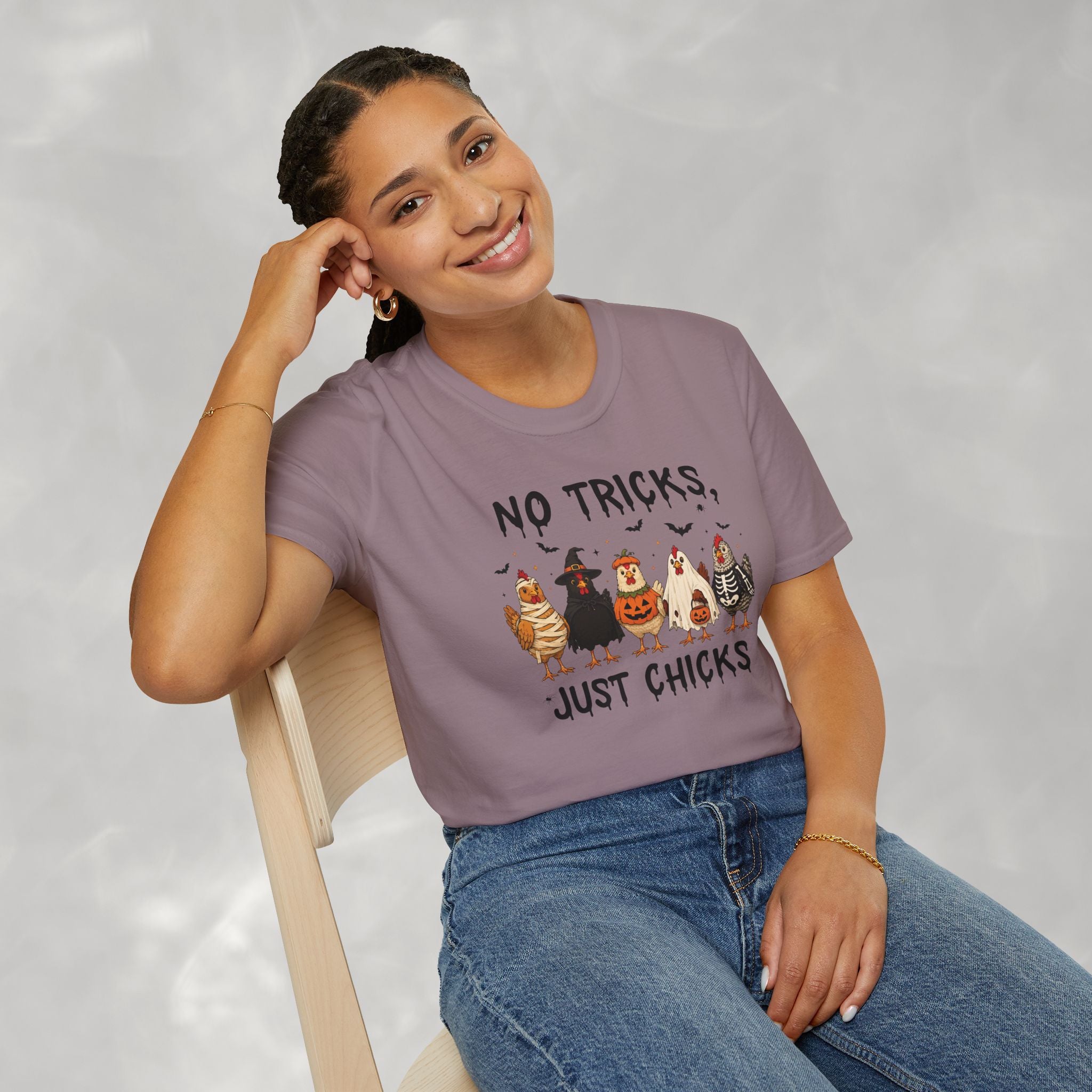 No Tricks Just Chicks, Funny Halloween Chickens in Costumes, Gildan Unisex Softstyle T-Shirt