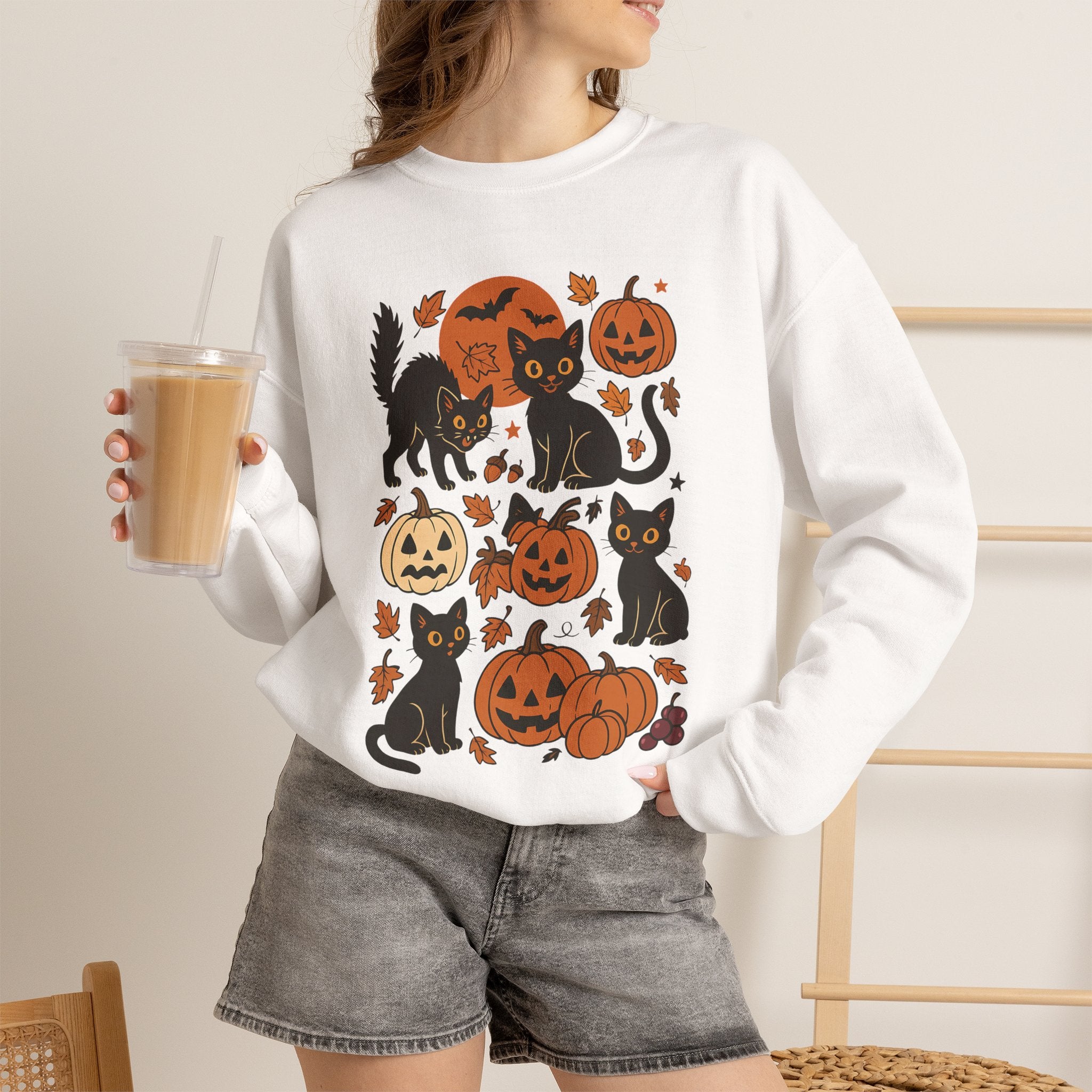 Spooky Black Cats and Jack-O-Lanterns, Gildan Unisex Heavy Blend™ Crewneck Sweatshirt