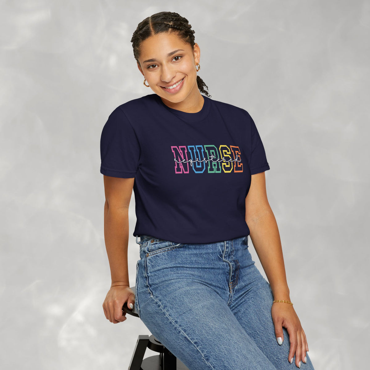 Colorful Rainbow Whimsical Varsity Registered Nurse Comfort Colors Unisex Garment-Dyed T-shirt
