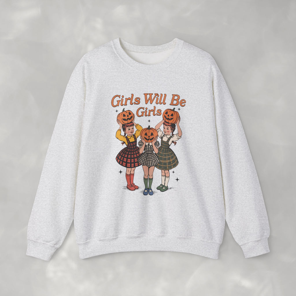 Girls Will Be Girls, Funny Retro Vintage Halloween, Unisex Heavy Blend™ Crewneck Sweatshirt