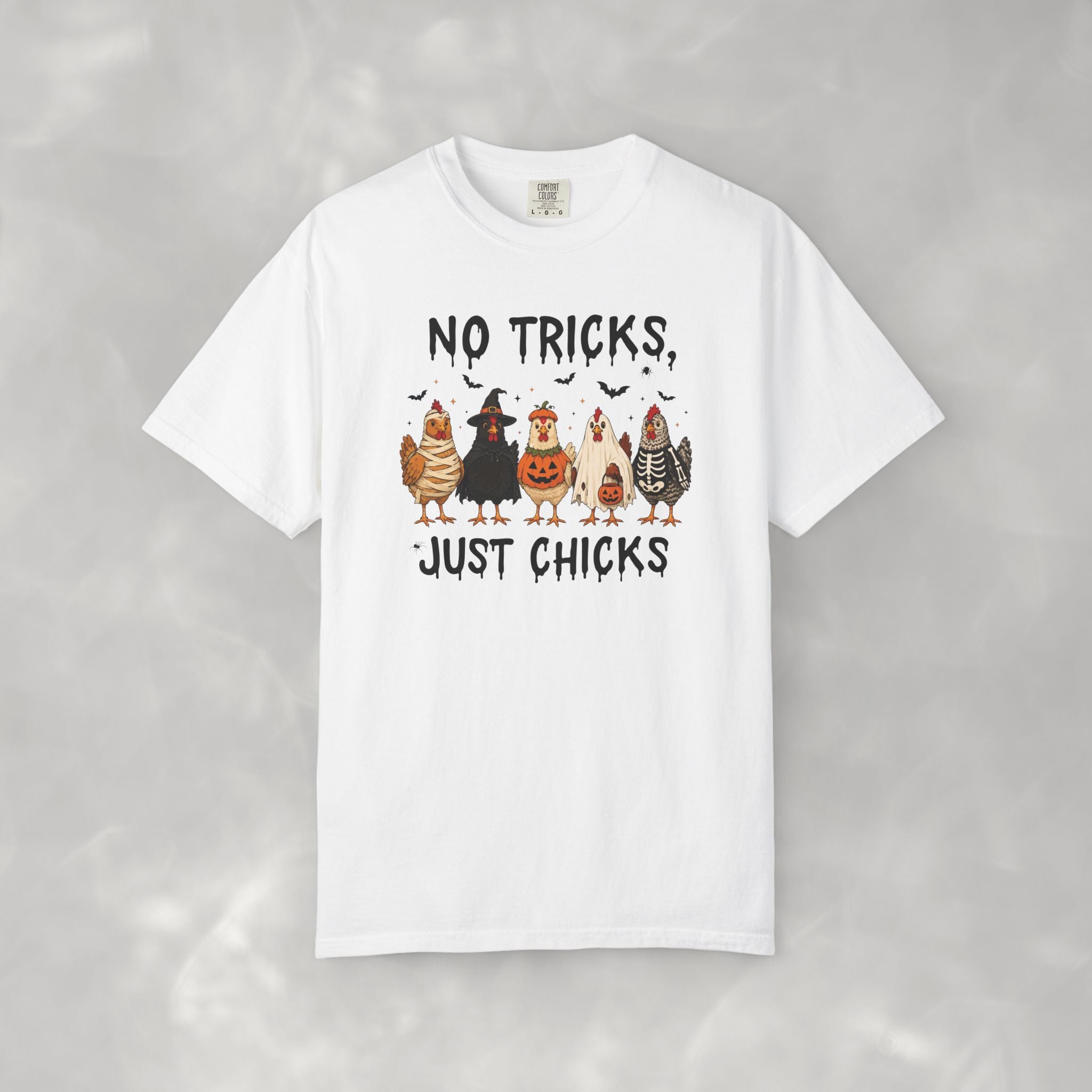 No Tricks Just Chicks, Funny Halloween Chickens in Costumes, Comfort Colors Tee