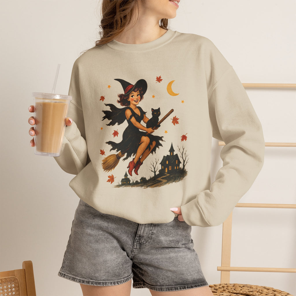Vintage Witch Riding on Broomstick with Black Cat, Retro Halloween, Gildan Unisex Heavy Blend™ Crewneck Sweatshirt