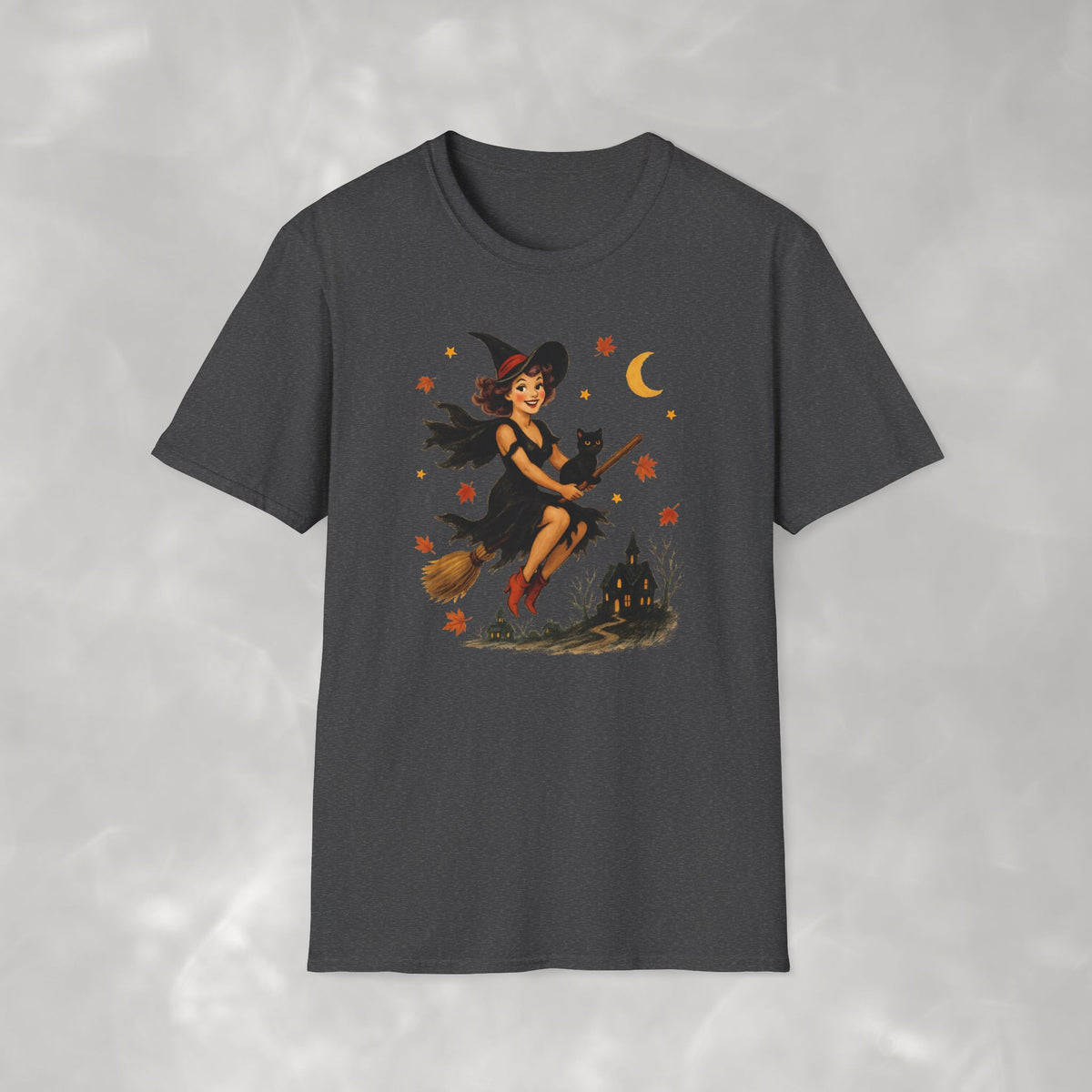 Vintage Witch Riding on Broomstick with Black Cat, Retro Halloween, Gildan Unisex Softstyle T-Shirt