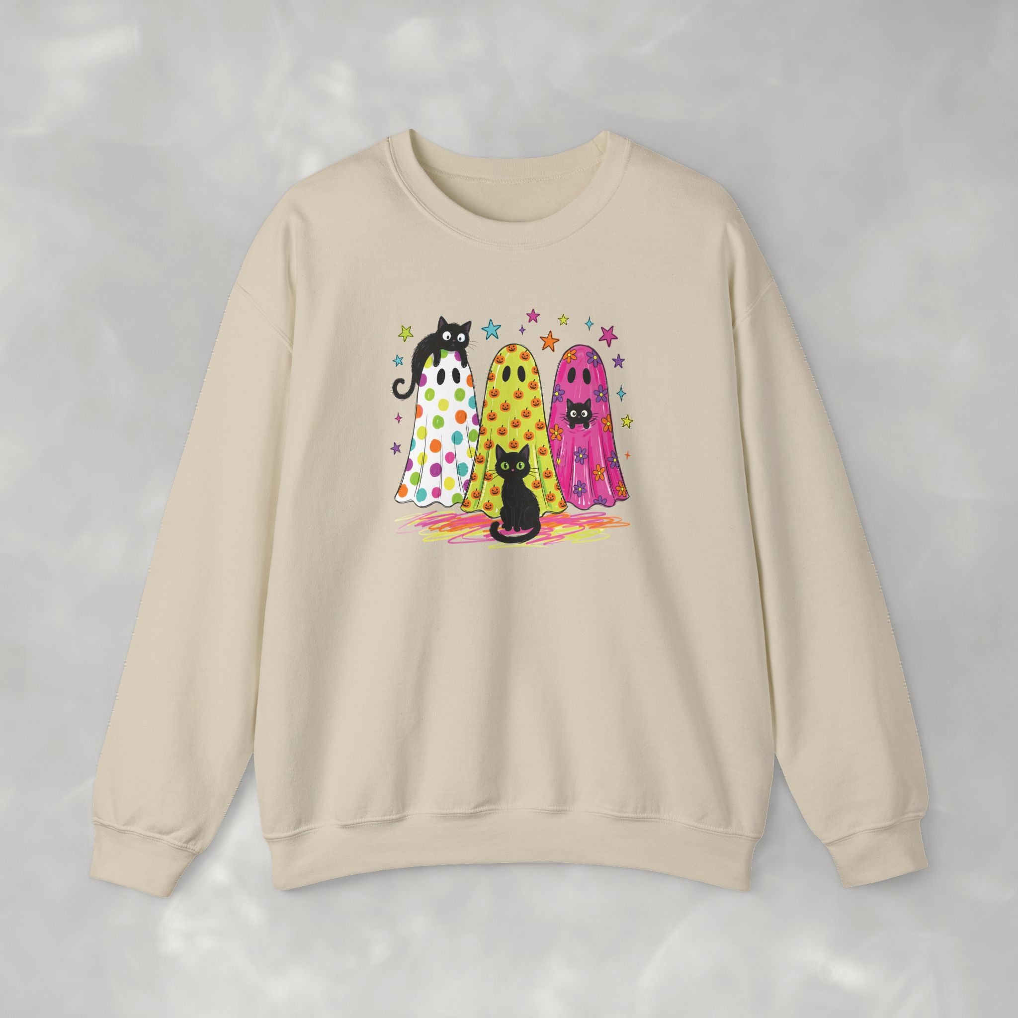 Preppy, Girly, Cute Halloween Ghosts with Cats, Gildan Unisex Heavy Blend™ Crewneck Sweatshirt