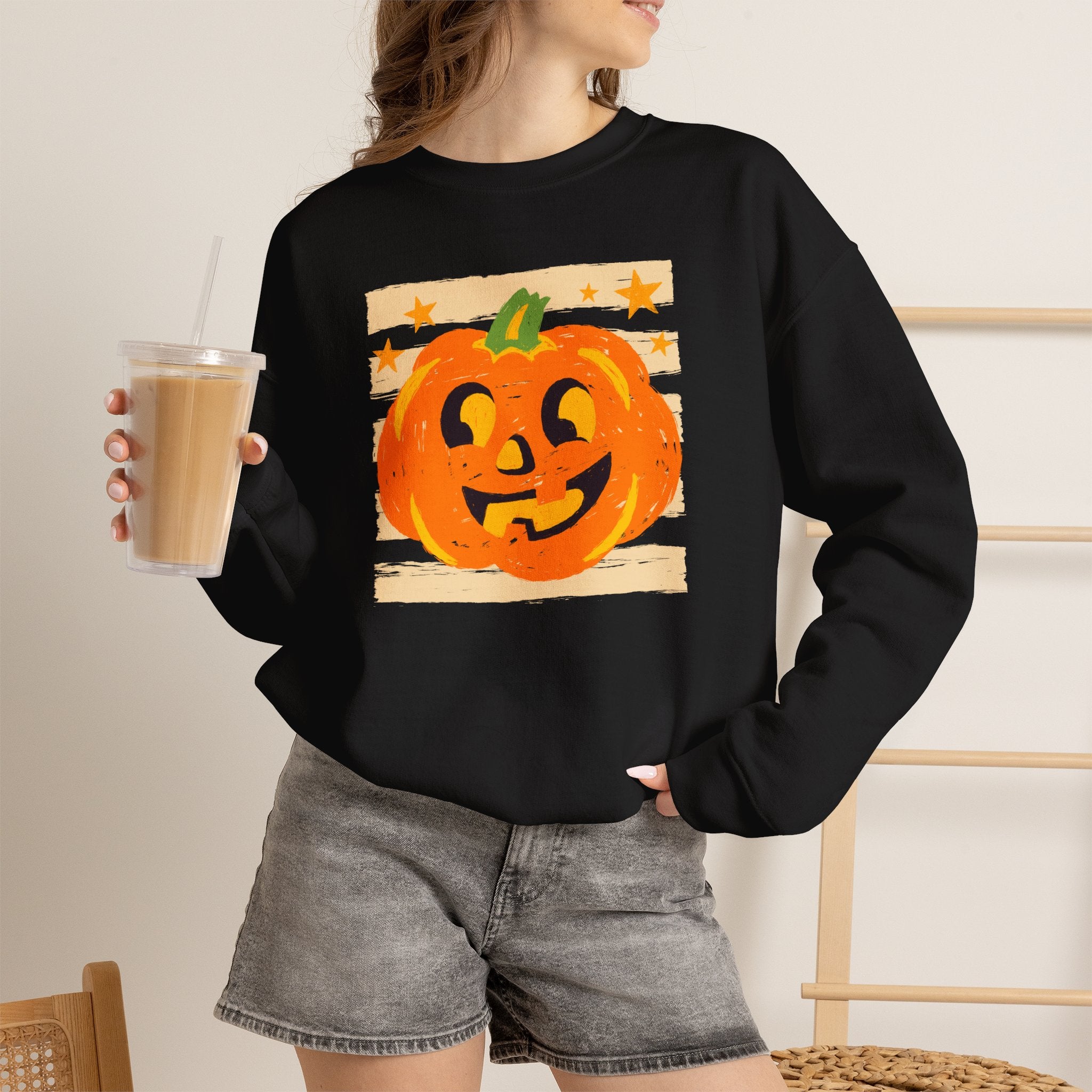 Happy Jack-O-Lantern, Striped Halloween Unisex Heavy Blend™ Crewneck Sweatshirt
