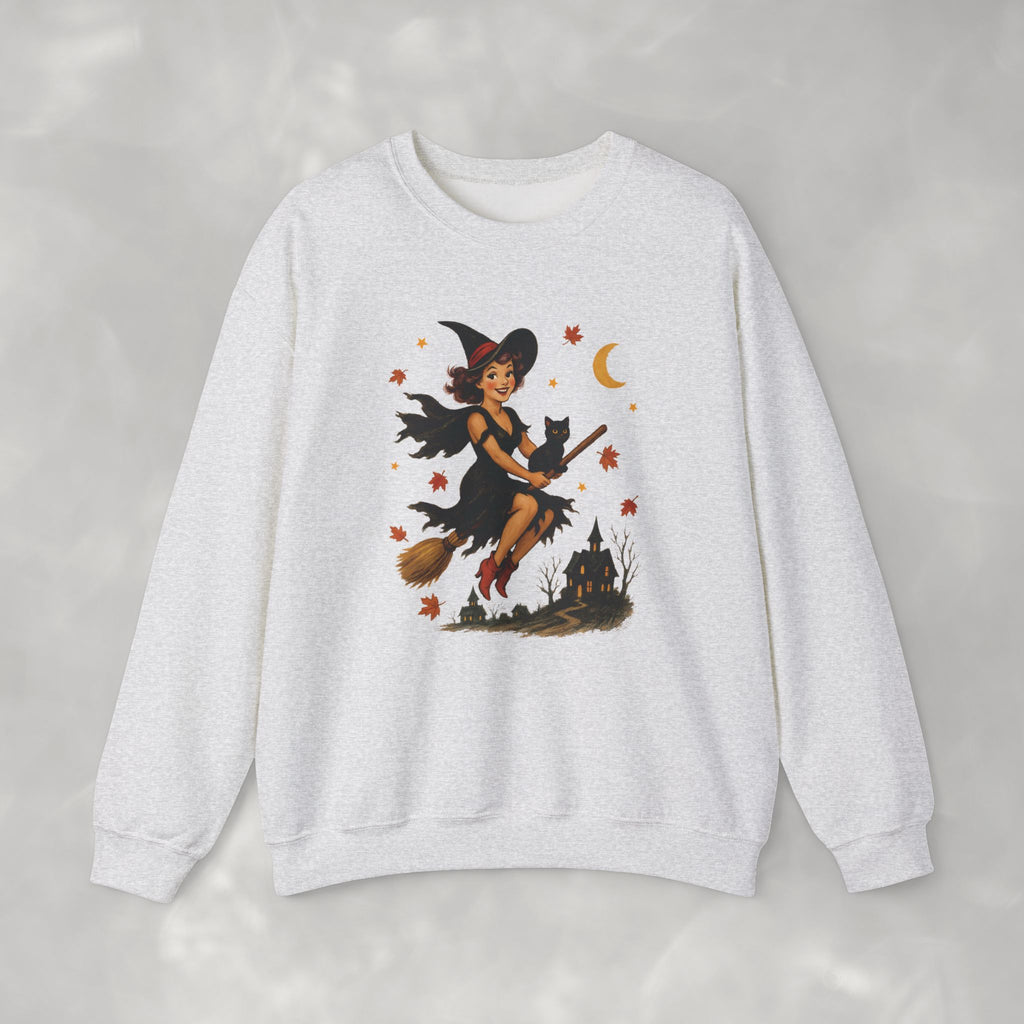 Vintage Witch Riding on Broomstick with Black Cat, Retro Halloween, Gildan Unisex Heavy Blend™ Crewneck Sweatshirt