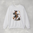 Vintage Witch Riding on Broomstick with Black Cat, Retro Halloween, Gildan Unisex Heavy Blend™ Crewneck Sweatshirt