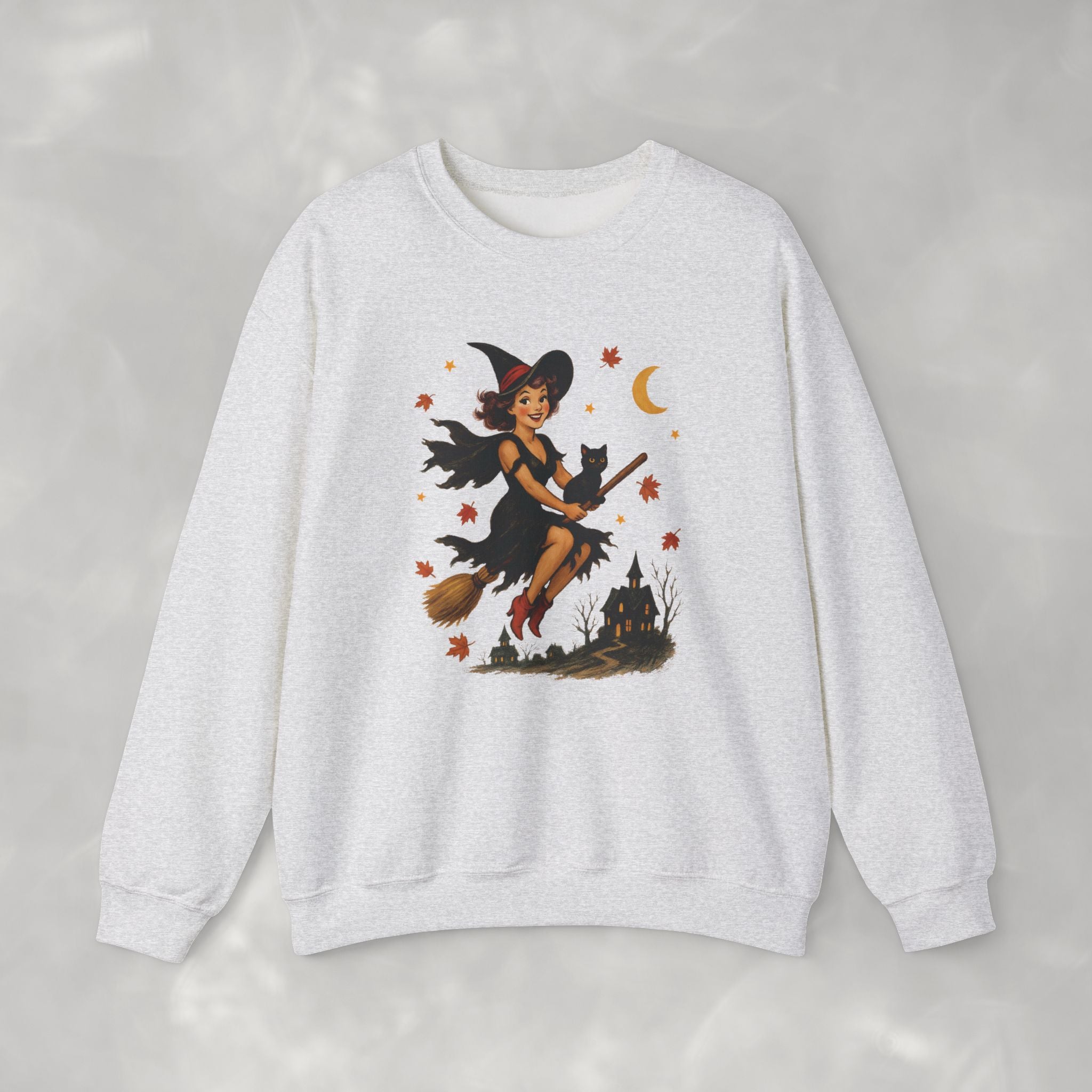 Vintage Witch Riding on Broomstick with Black Cat, Retro Halloween, Gildan Unisex Heavy Blend™ Crewneck Sweatshirt