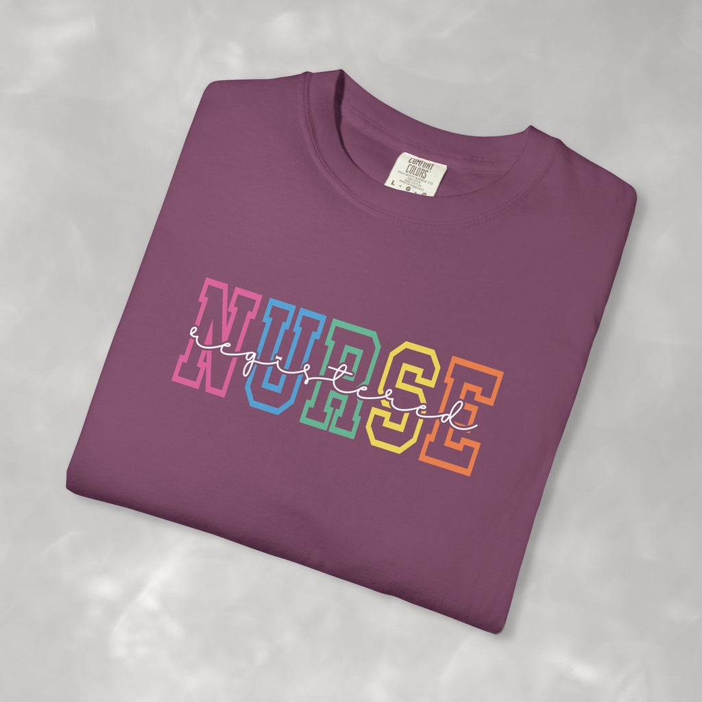 Colorful Rainbow Whimsical Varsity Registered Nurse Comfort Colors Unisex Garment-Dyed T-shirt