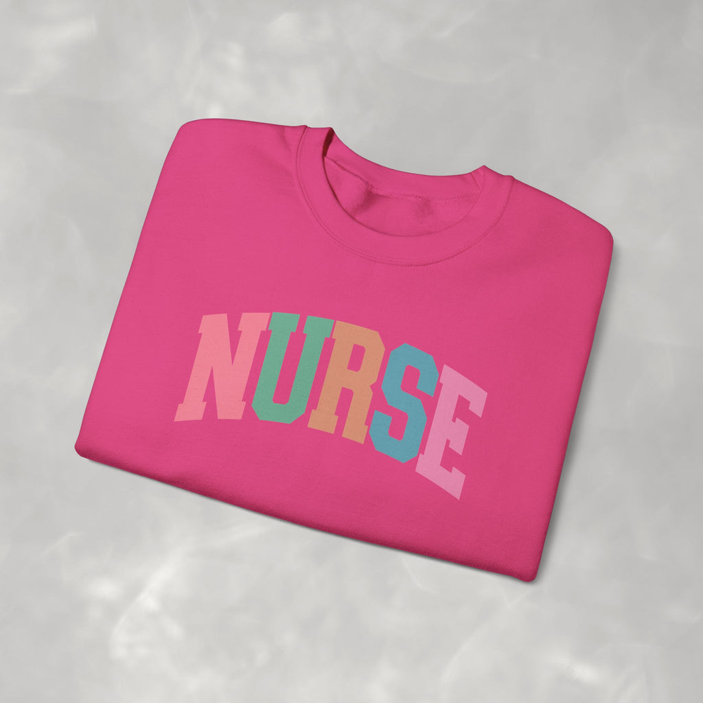 Colorful Fun Whimsical Varsity Nurse Gildan Unisex Heavy Blend™ Crewneck Sweatshirt for RN, LPN, GN, Student Nurse