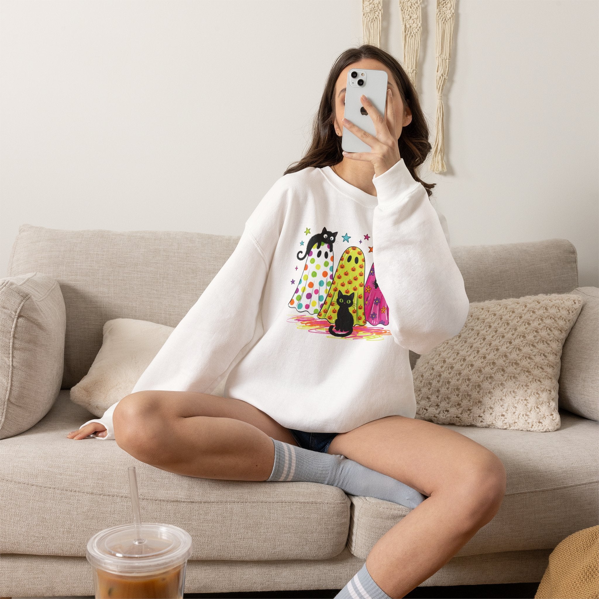 Preppy, Girly, Cute Halloween Ghosts with Cats, Gildan Unisex Heavy Blend™ Crewneck Sweatshirt