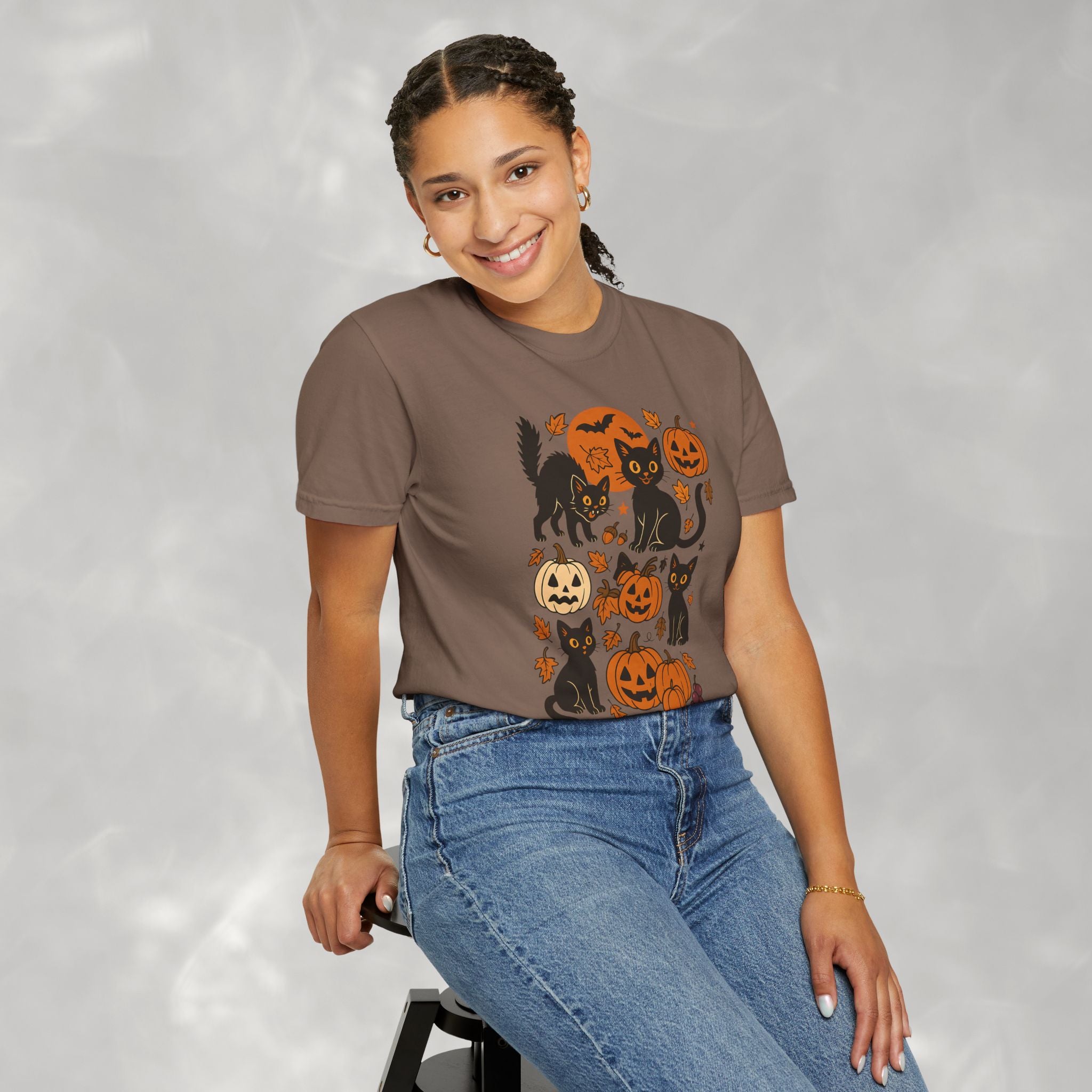Spooky Black Cats and Jack-O-Lanterns, Unisex Comfort Colors Tee