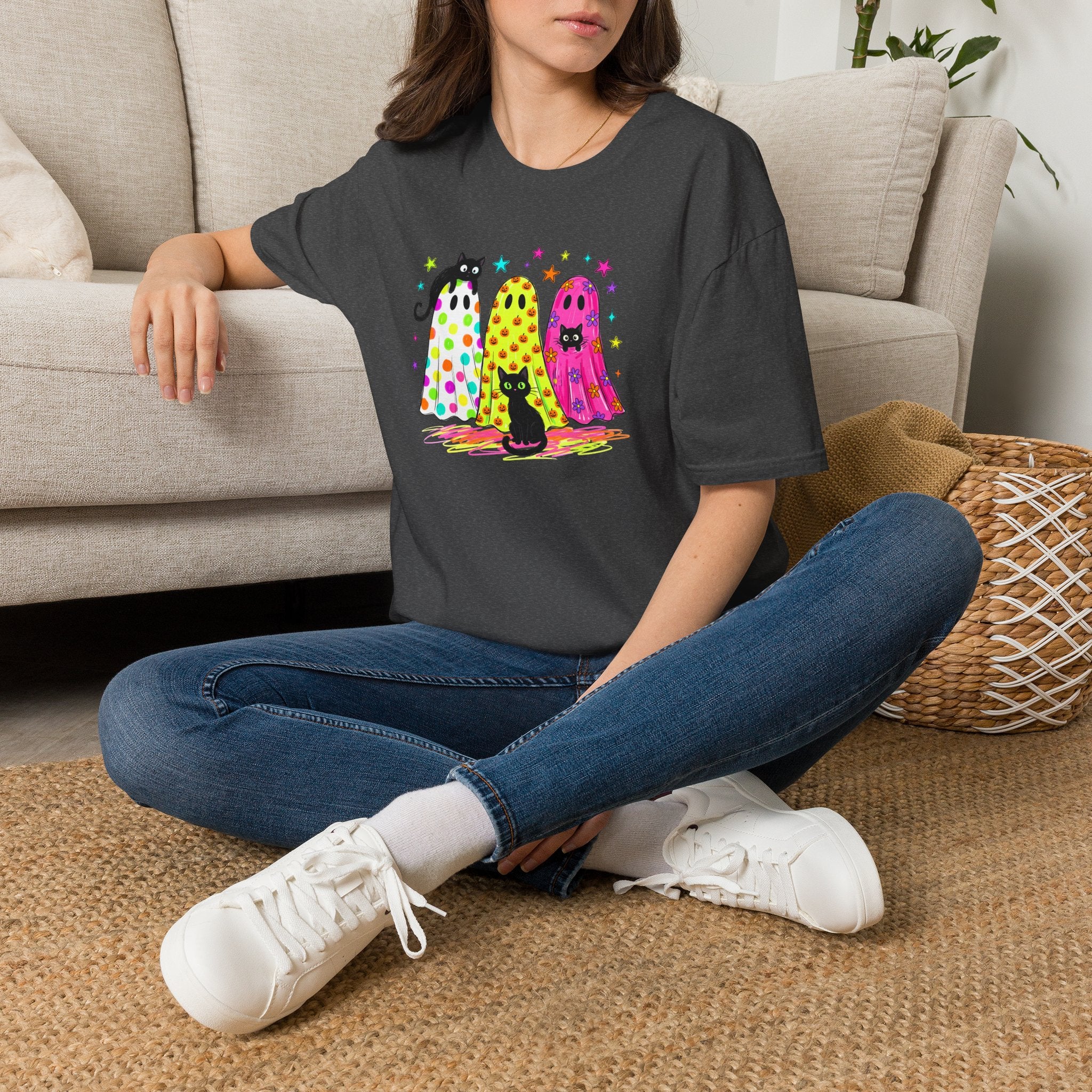 Preppy, Girly, Cute Halloween Ghosts with Cats, Gildan Unisex Softstyle T-Shirt