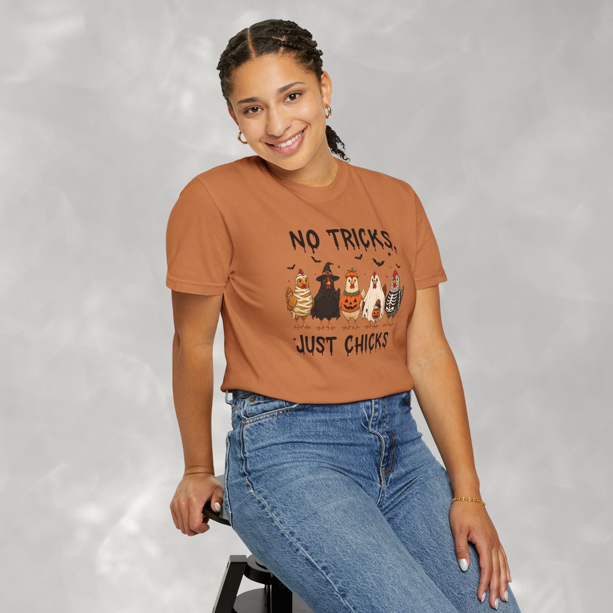 No Tricks Just Chicks, Funny Halloween Chickens in Costumes, Comfort Colors Tee