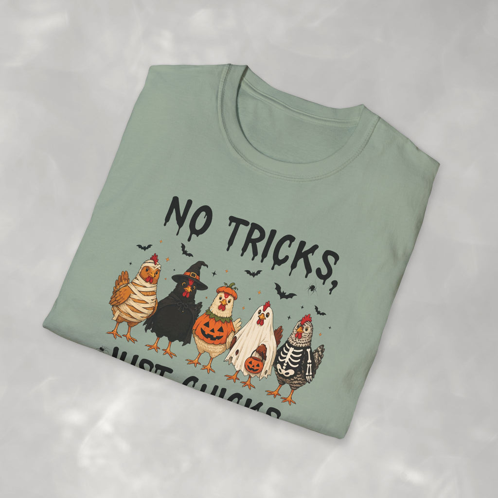 No Tricks Just Chicks, Funny Halloween Chickens in Costumes, Gildan Unisex Softstyle T-Shirt