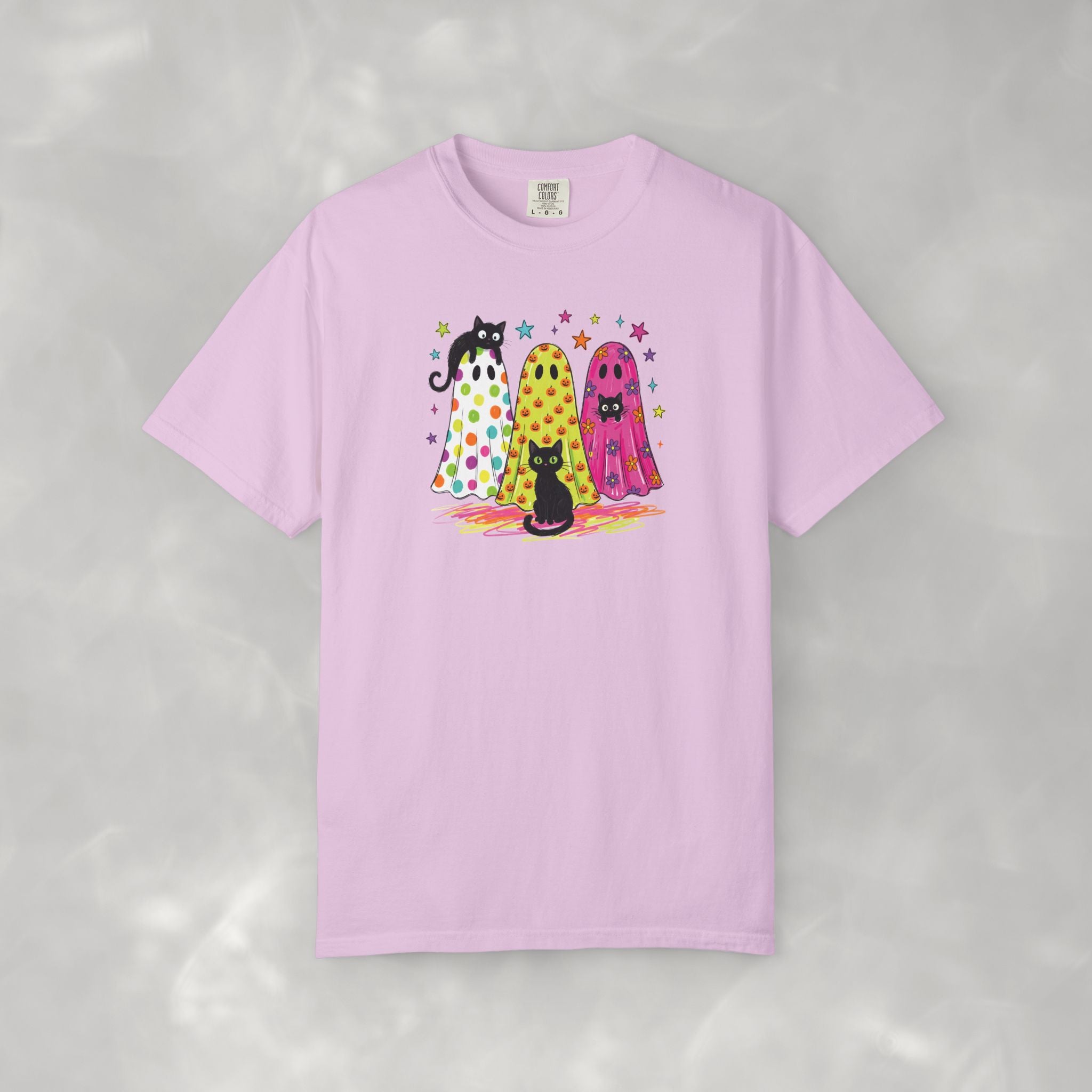 Preppy, Girly, Cute Halloween Ghosts with Cats, Comfort Colors Tee