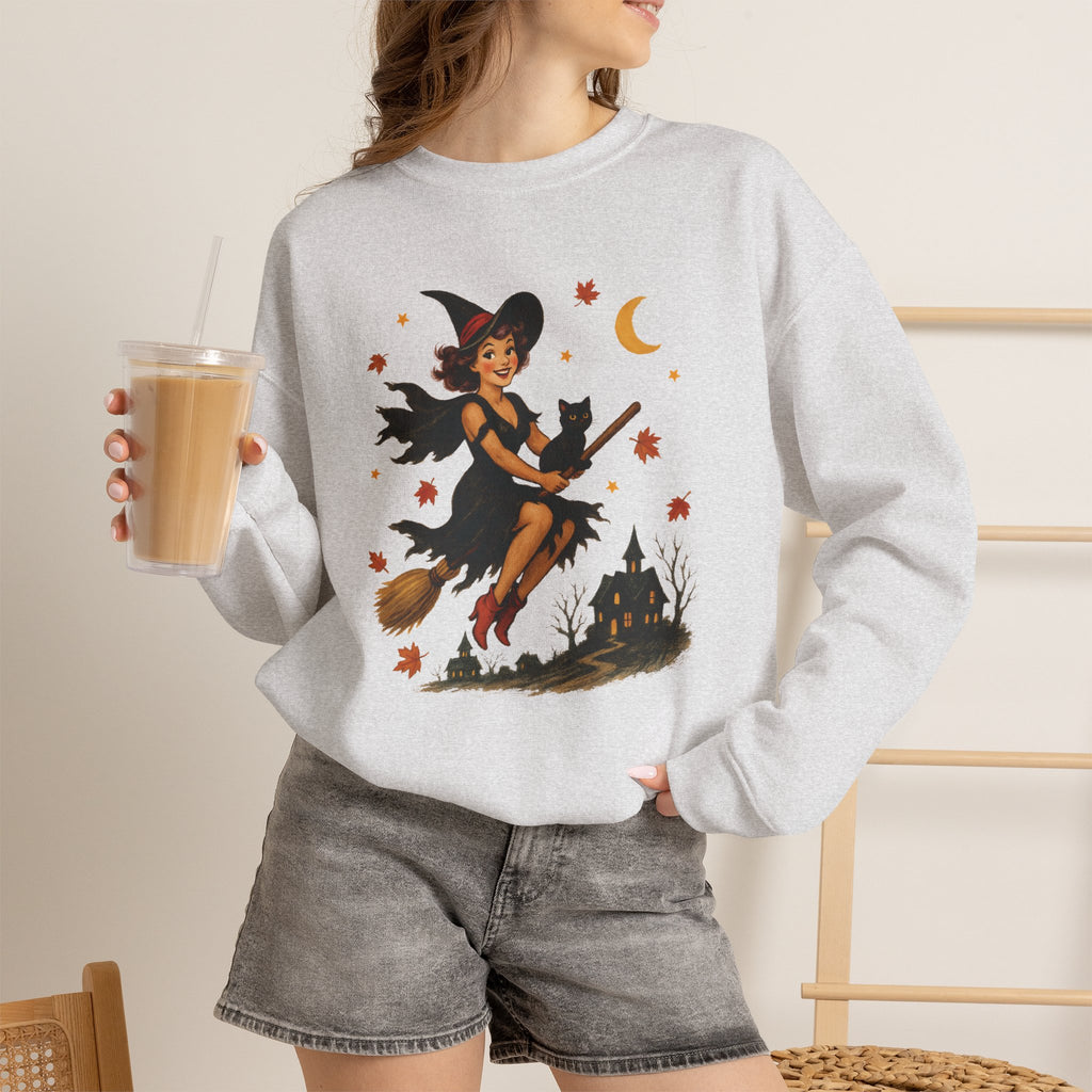 Vintage Witch Riding on Broomstick with Black Cat, Retro Halloween, Gildan Unisex Heavy Blend™ Crewneck Sweatshirt