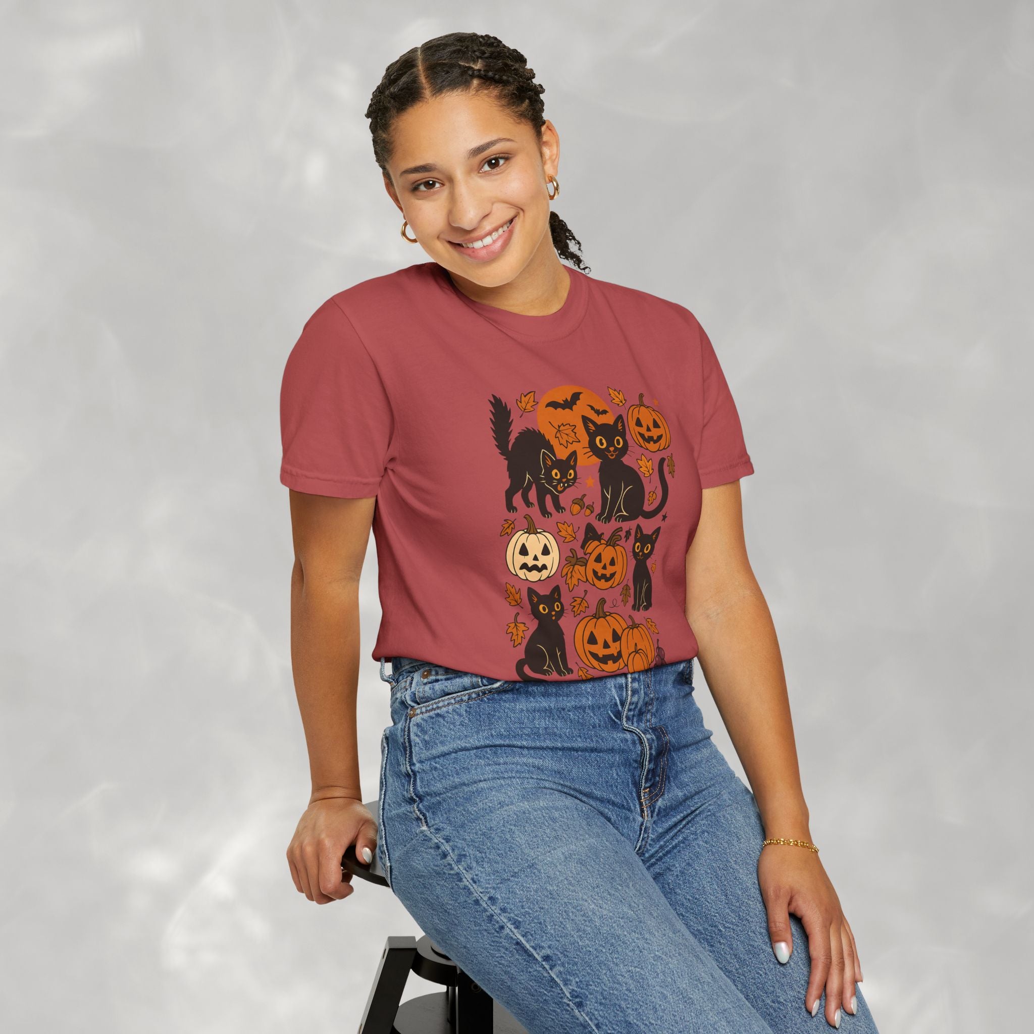 Spooky Black Cats and Jack-O-Lanterns, Unisex Comfort Colors Tee