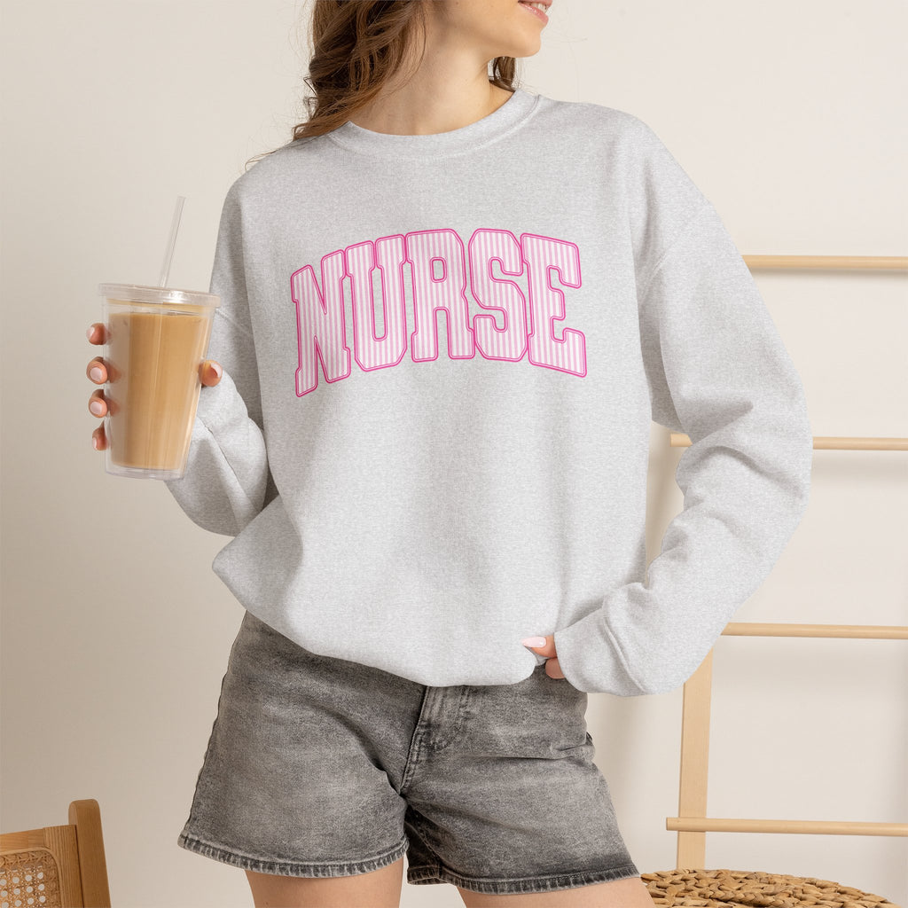 Pink Striped Varsity Nurse Gildan Unisex Heavy Blend™ Crewneck Sweatshirt for RN, LPN, GN, Student Nurse